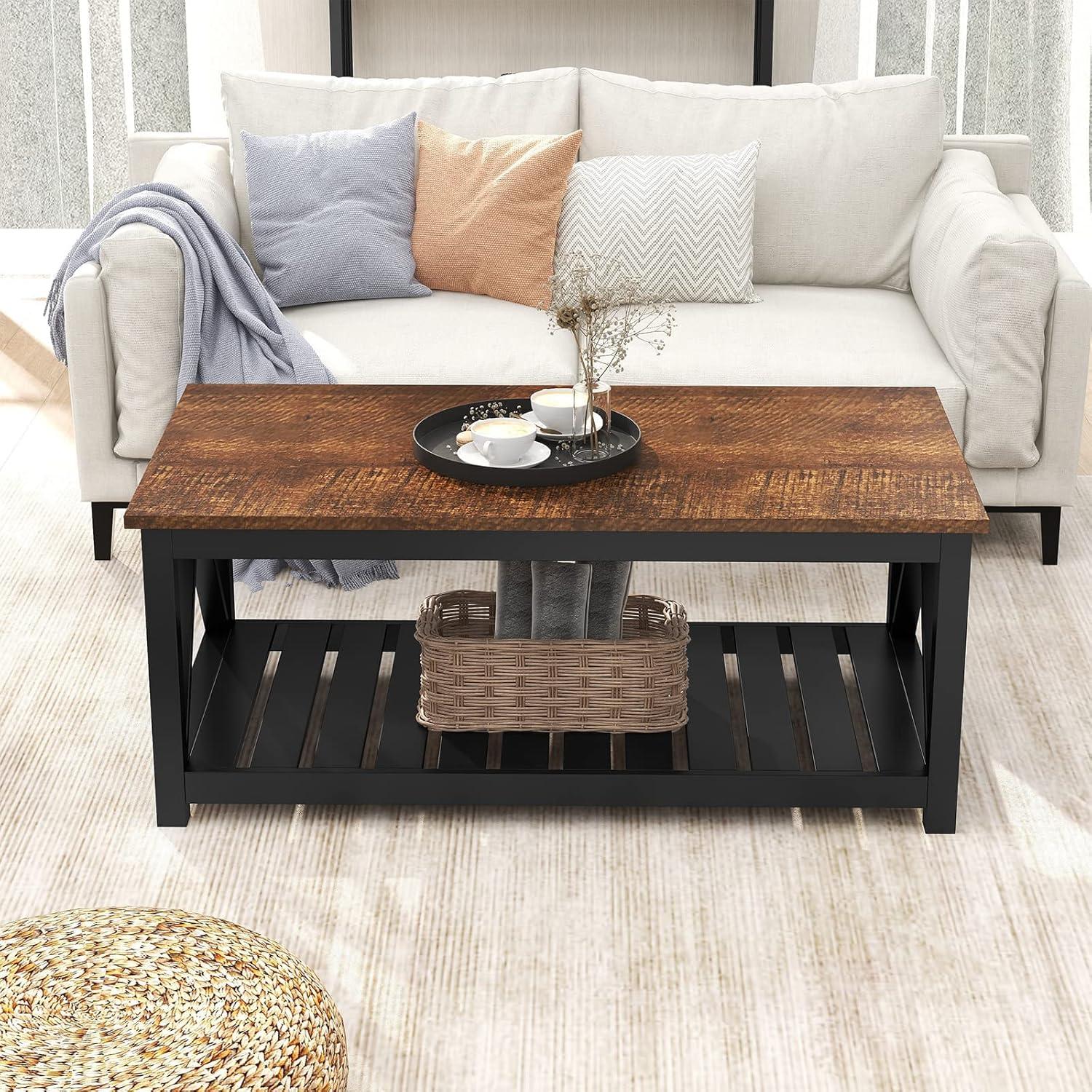 Coffee Table, Rustic Vintage Farmhouse Living Room Table with Shelf, 40