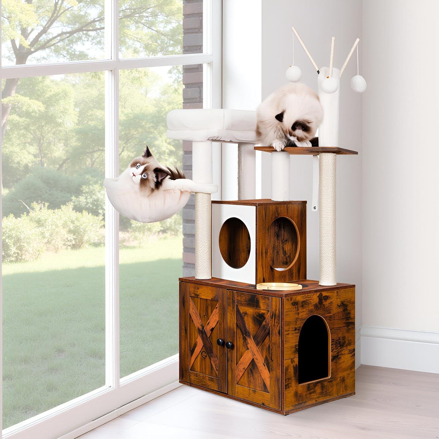Wood Litter Box Enclosure with Food Station, All-in-one Indoor Cat Furniture with Large Platform and Condo