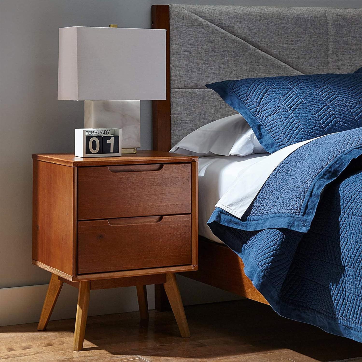 Walnut Mid Century Modern Solid Wood 2-Drawer Nightstand