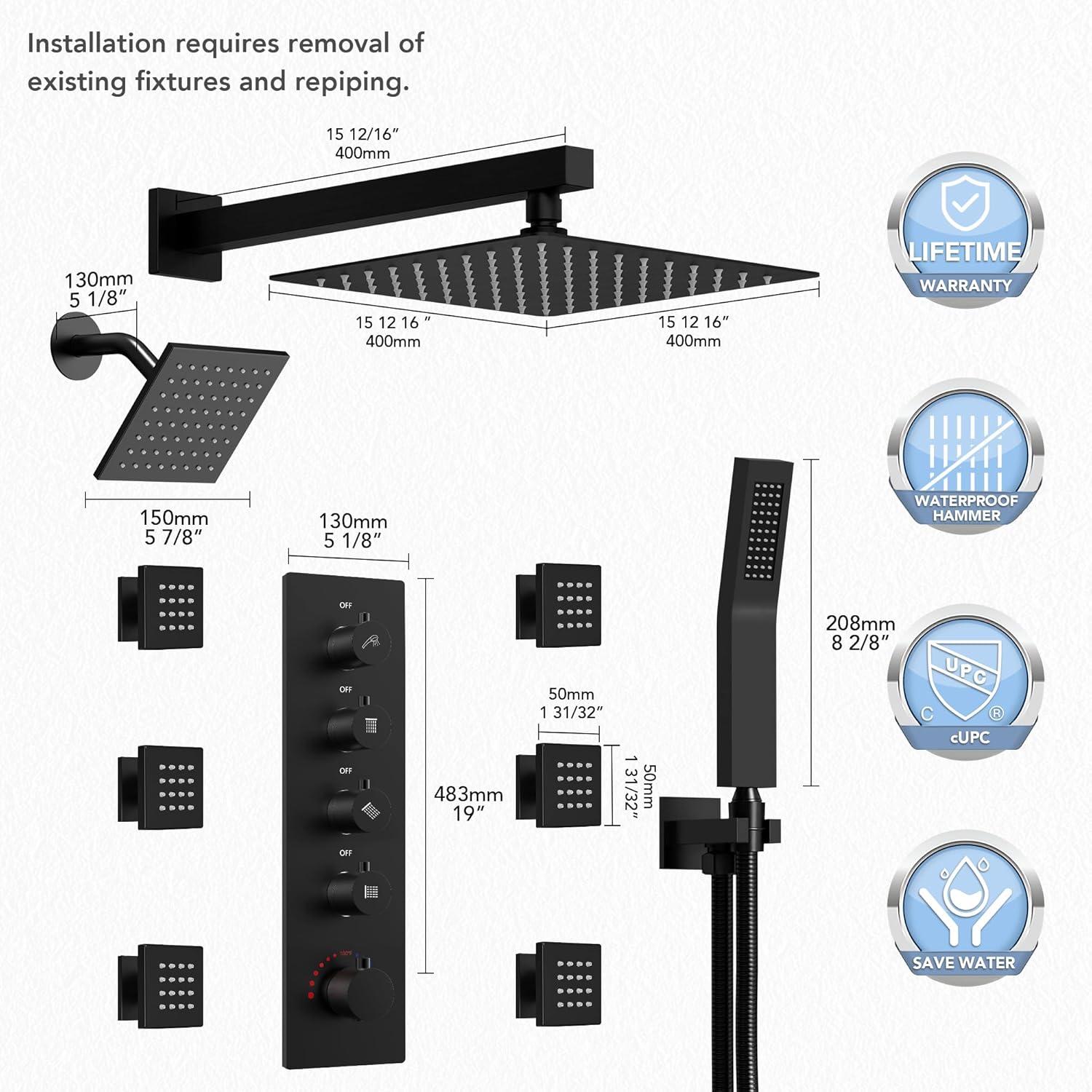 16" & 6" Dual Shower Heads,Thermostatic Shower FaucetSystem with Rough-in Valve and Body Jets