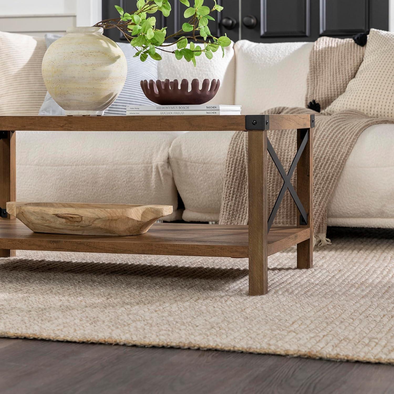 40 inch Metal X Wood Coffee Table in Reclaimed Barnwood with Black Metal