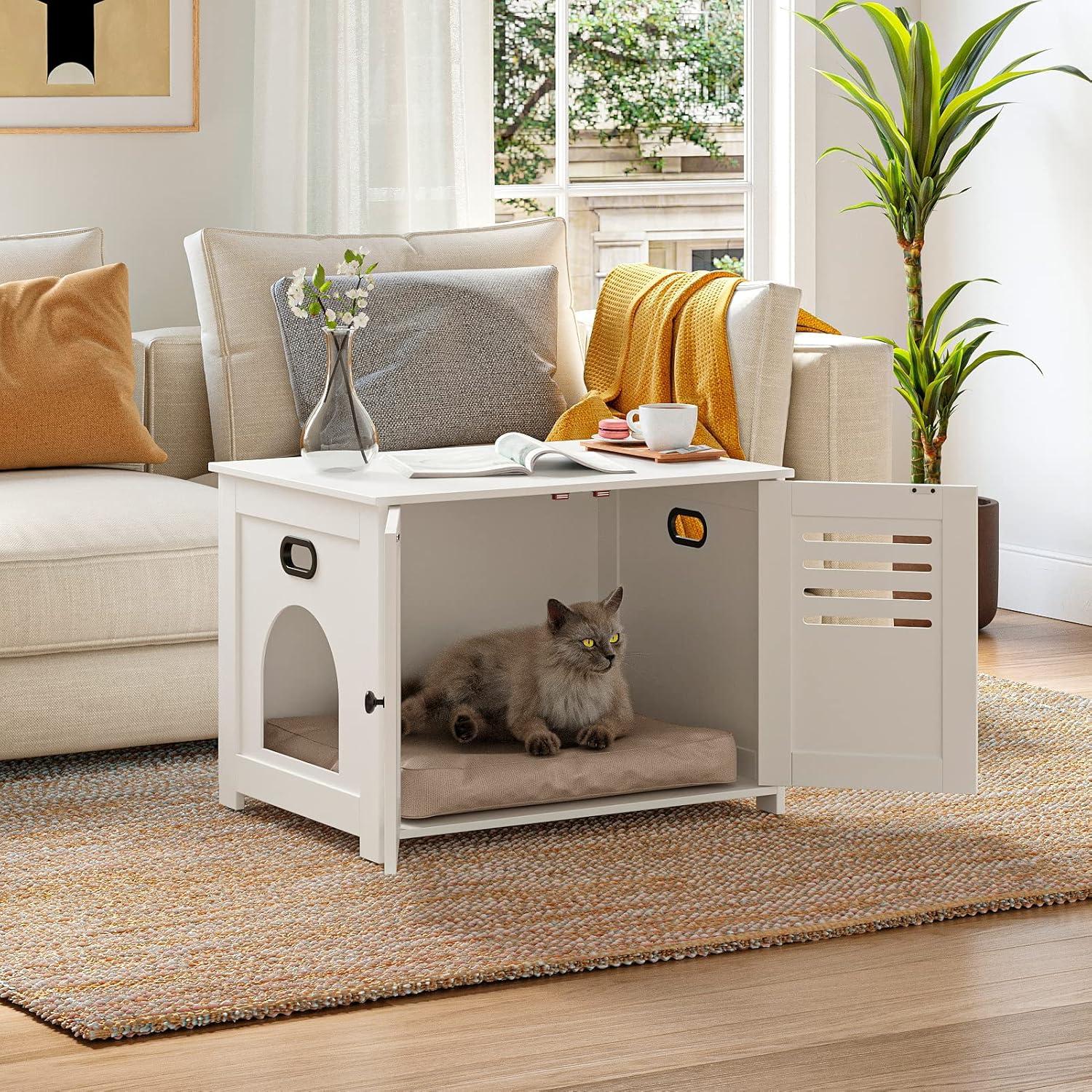 White Wooden Cat Litter Box Enclosure with Louvered Doors