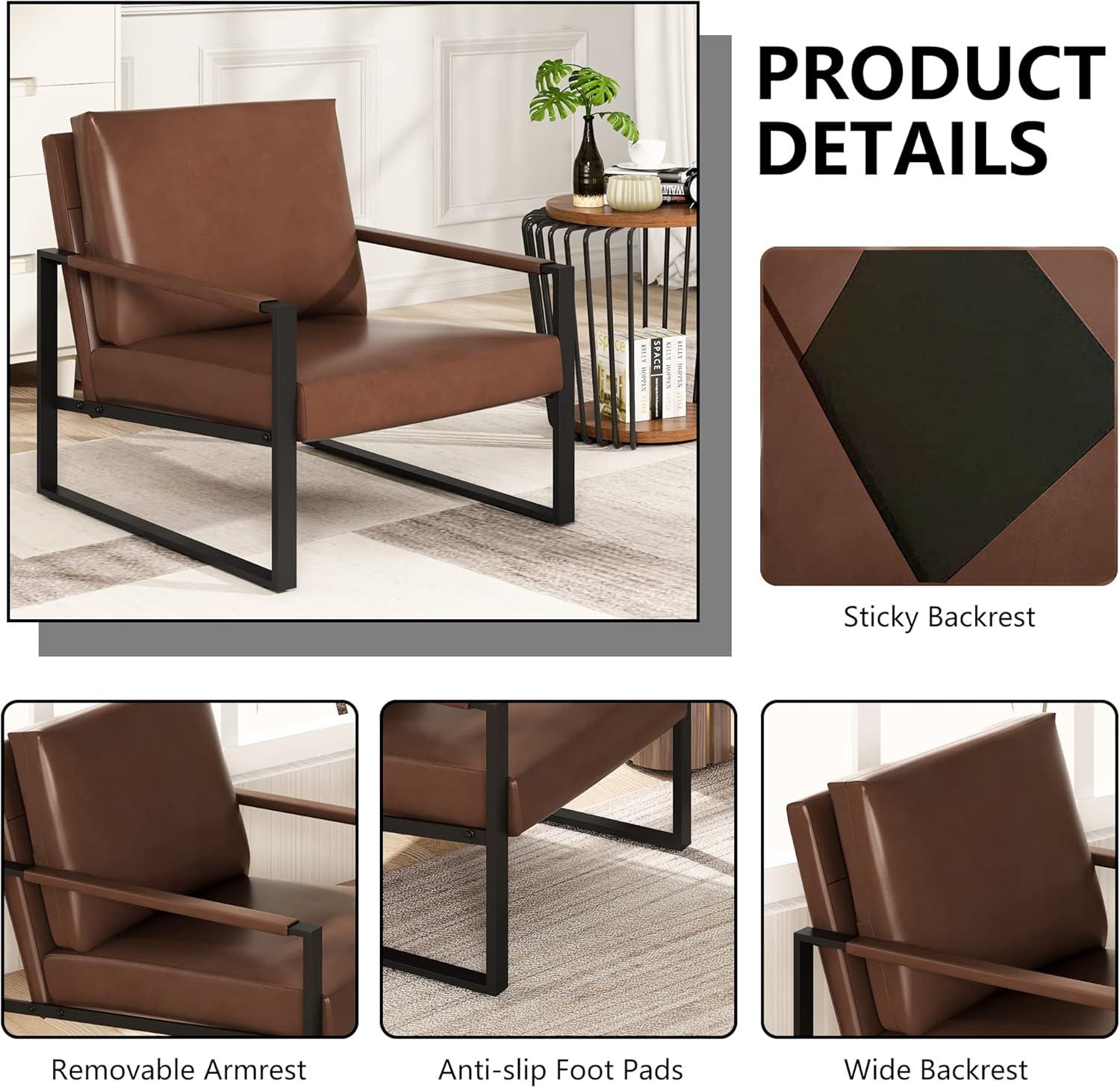 Modern Brown Leather Accent Chair with Metal Frame