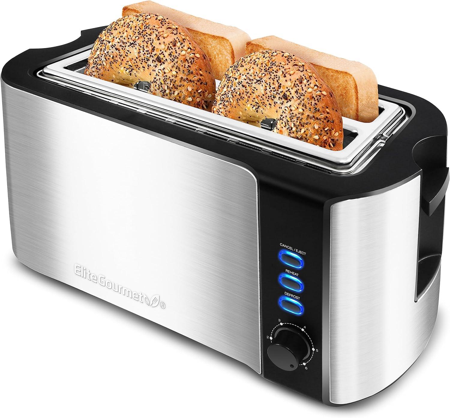 Stainless Steel 4-Slice Long Slot Toaster with Wide Slots