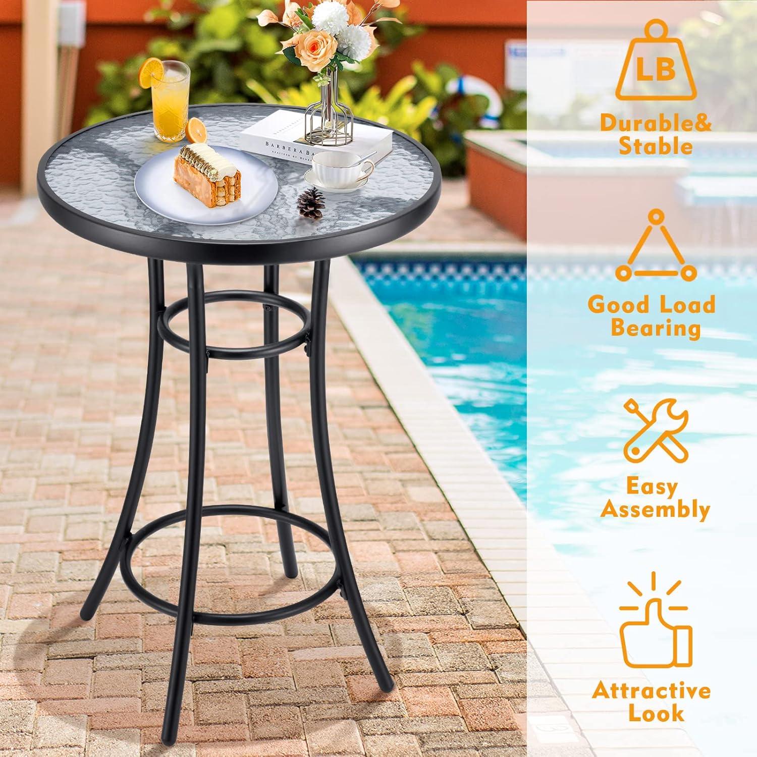 Bar Height Patio Glass Table, 2-Tier High Top Outdoor Metal All-Weather Round Bistro Table With Tempered Glass Top for Balcony Backyard Pool, Black