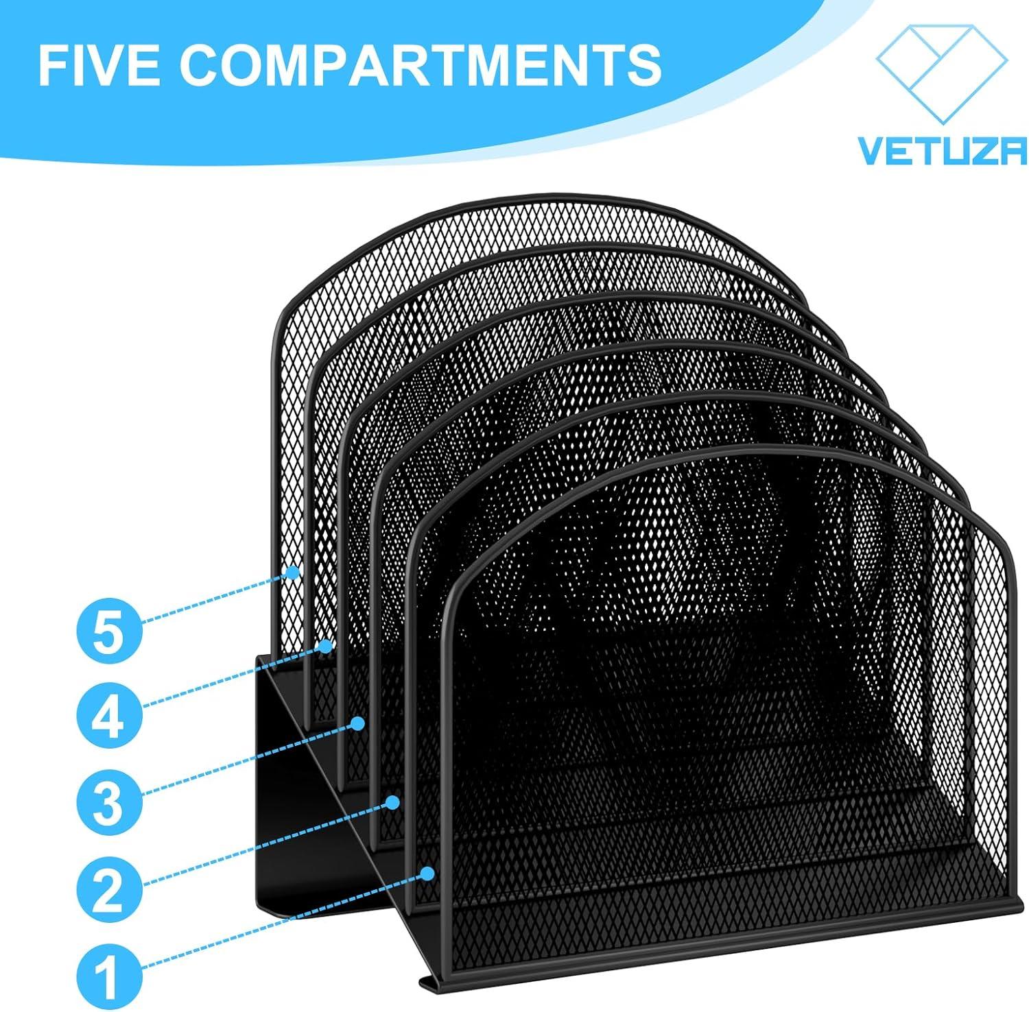 Black Metal Mesh Vertical Desktop File Organizer with 5 Dividers