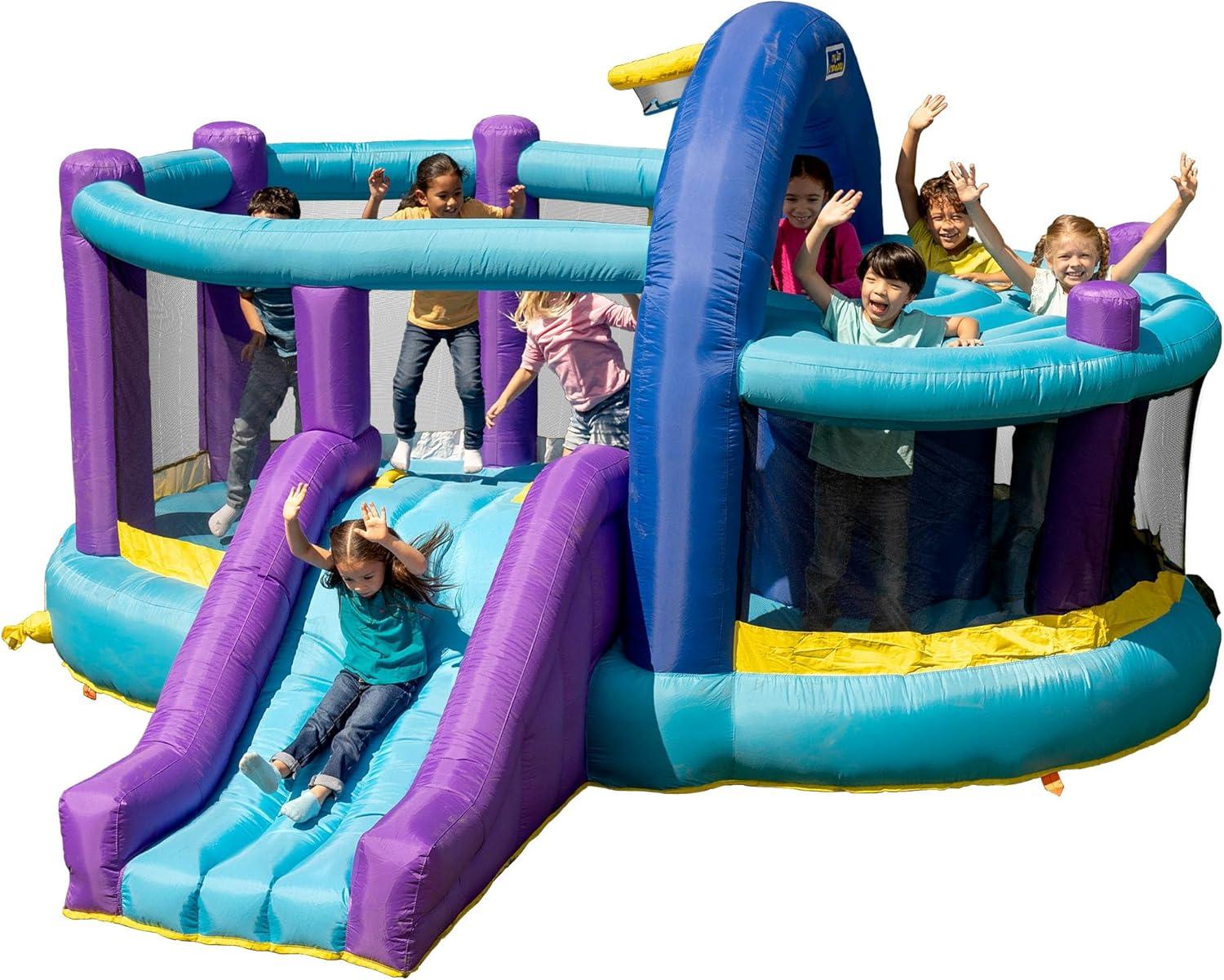 Blue and Purple Inflatable Bounce House with Slide and Basketball Hoop