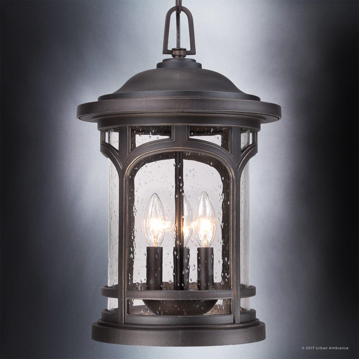 Urban Ambiance Luxury Rustic Outdoor Pendant Light, Large Size: 18"H x 11"W, with Colonial Style Elements, Wrought Iron Design, Oil Rubbed Parisian Bronze Finish and Seeded Glass, UQL1109