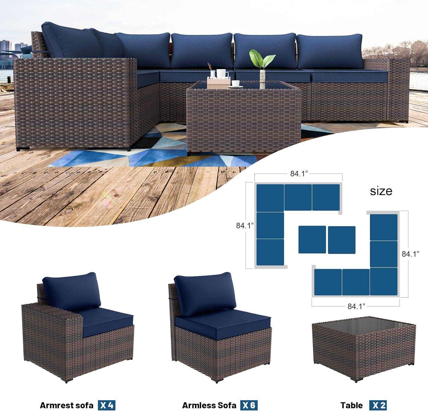 Navy Blue 12-Piece Steel and Rattan Outdoor Sectional Set