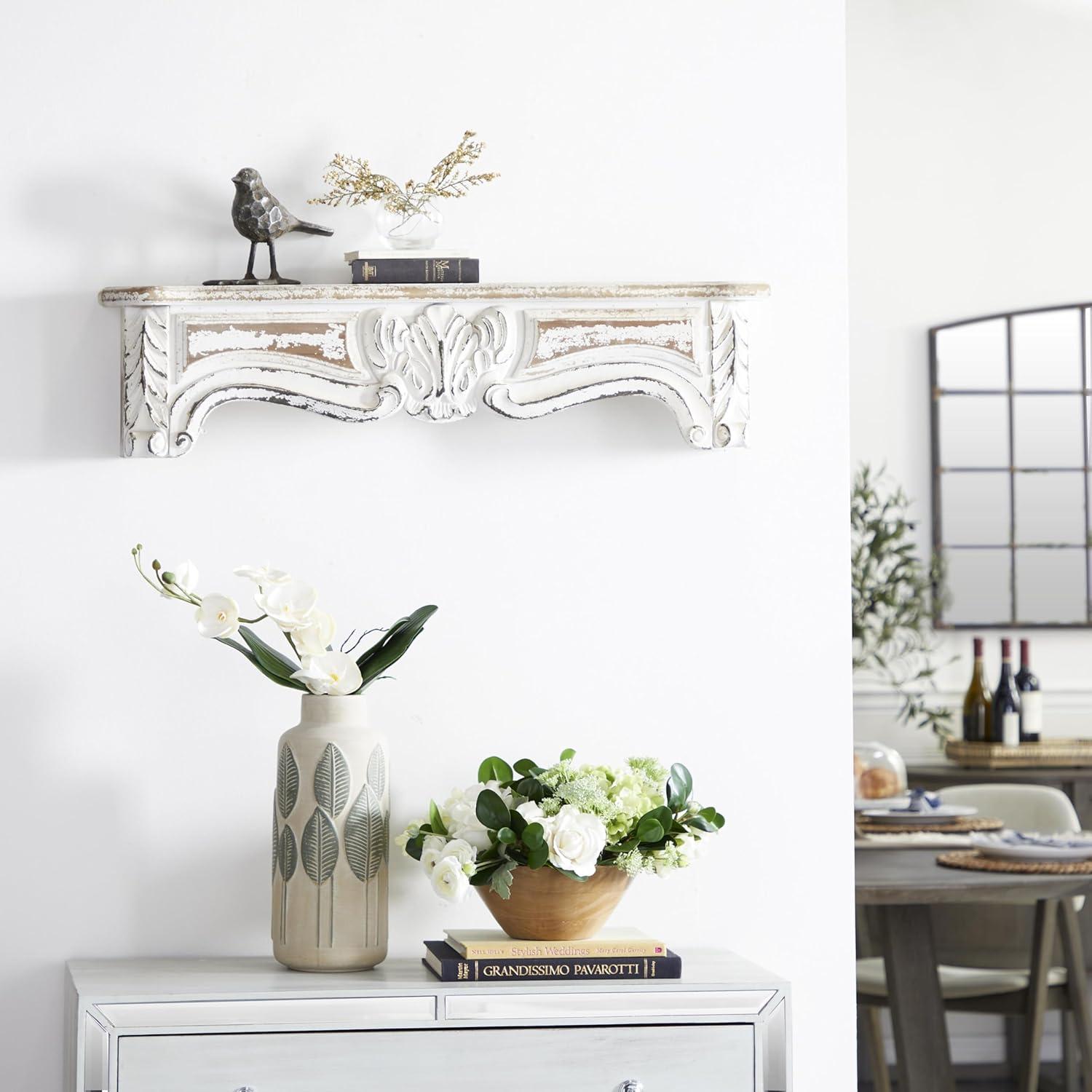 One Allium Way® Goodland White Wood 1 Shelf Scroll Wall Shelf 36" x 6" x 9"