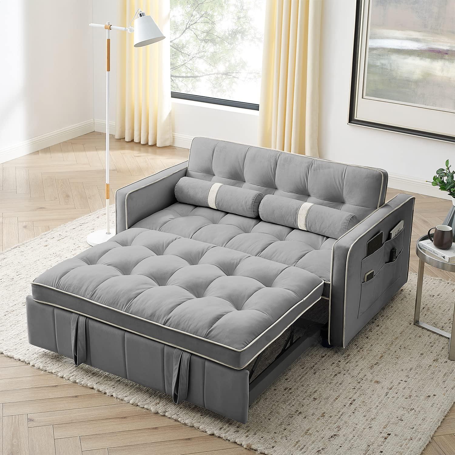 Yeahumalia 3 in 1 Convertible Velvet Loveseat Sleeper Futon Sofa Bed, Pull Out Couch with Side Table for Living Room, Bedroom, Grey