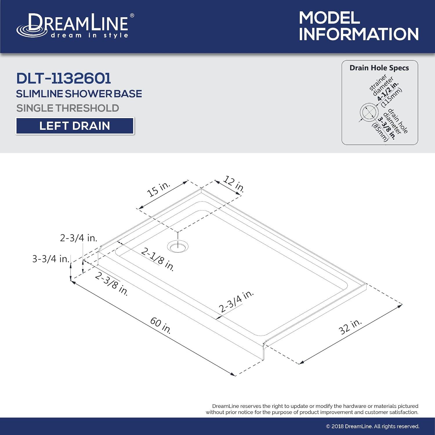 DreamLine DL-6190L-01 Qwall 32" D x 60" W x 76 3/4" H Left Drain Acrylic Shower Base and Wall Kit in White