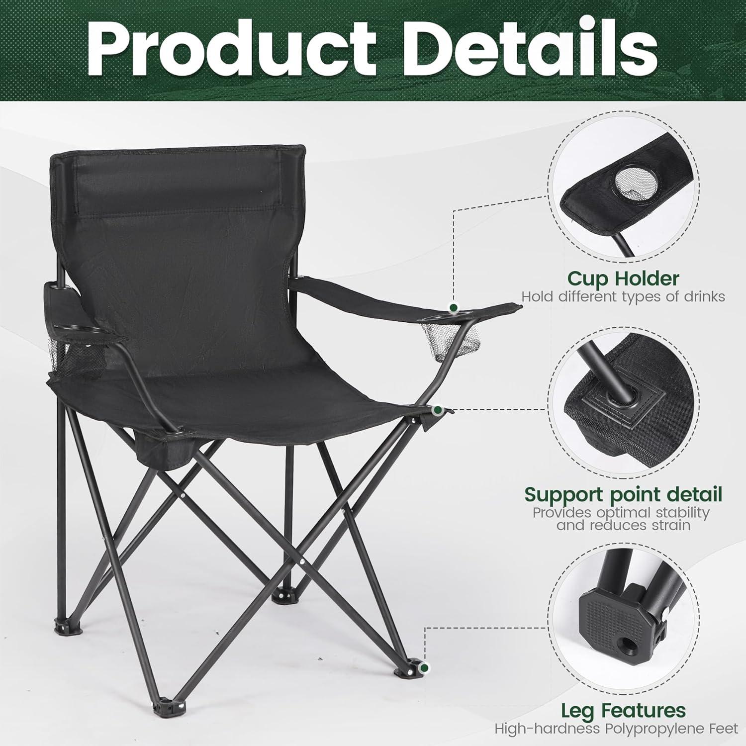 2 Pack Large Portable Camping Chair - Steel Frame, Folding Design, Storage Pockets, Cup Holder, Carry Bag - Ideal for Beach, Fishing, Tailgating, Outdoor Sports - Carry Bag