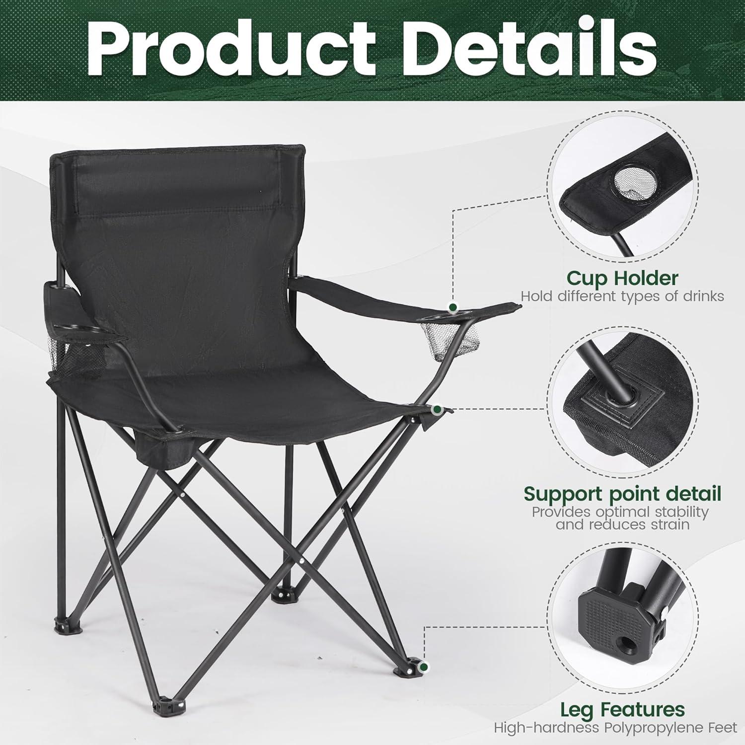 2 Pack Lightweight Camping Chairs for Adults & Teens, 250LBS Capacity Foldable Portable Chairs with Carry Bag, Compact Design for Camping, Beach, Picnics, and Outdoor Events