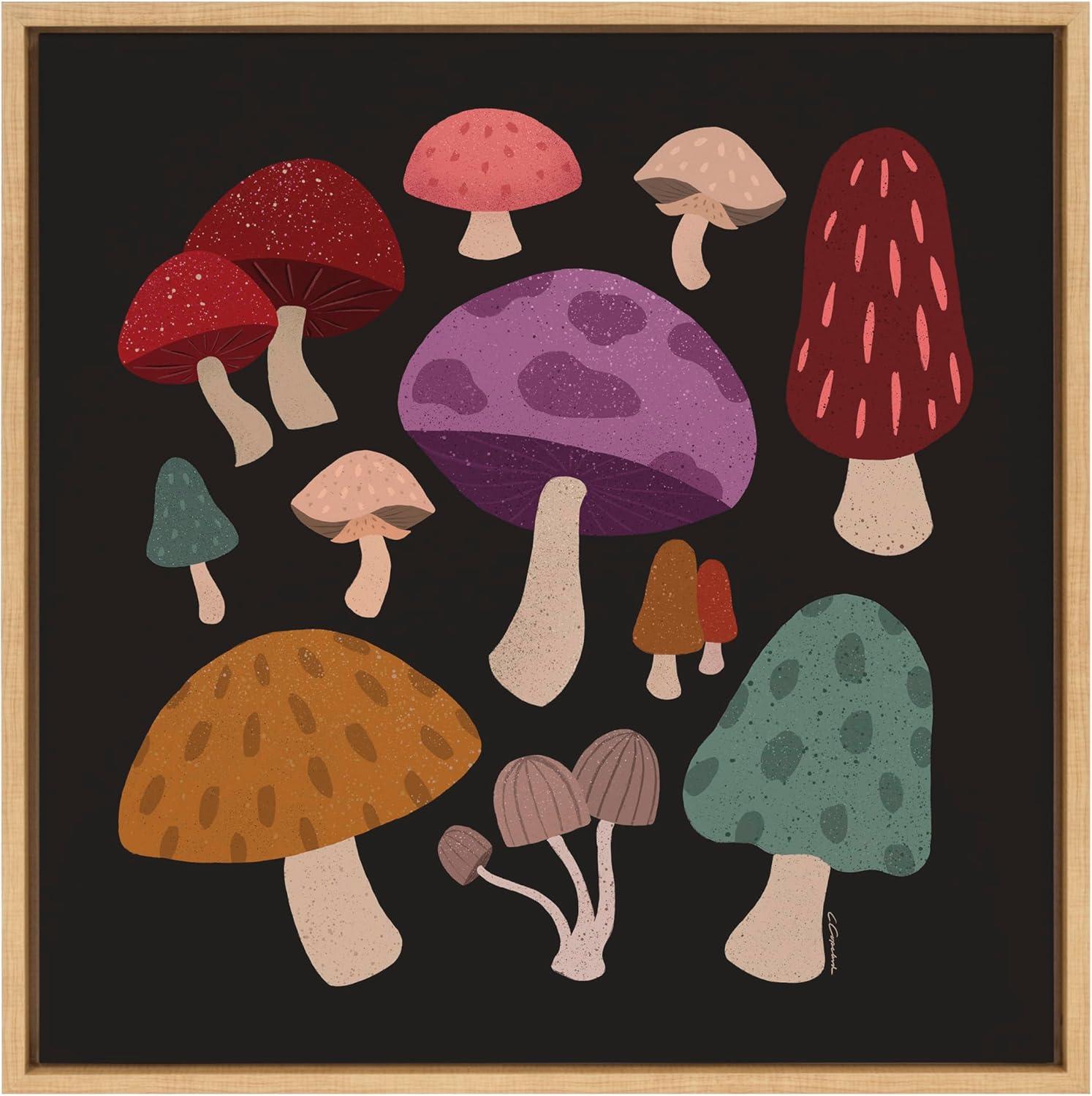 Sylvie Forest Mushrooms Dark Framed Canvas Wall Art, 22x22 Natural