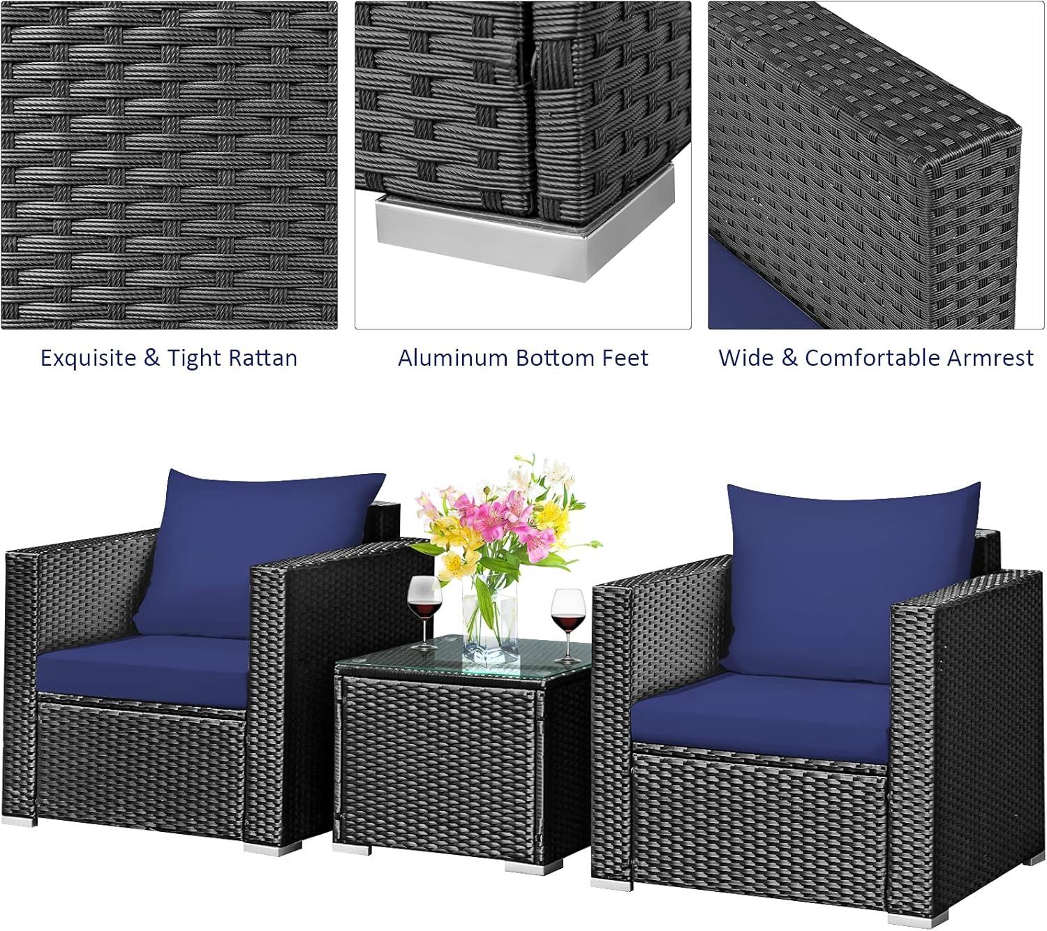 Kadyn Patio Furniture Sets, Outdoor Bistro Conversation Set, 3 Pieces Patio Wicker Conversation Set with Cushion-Navy