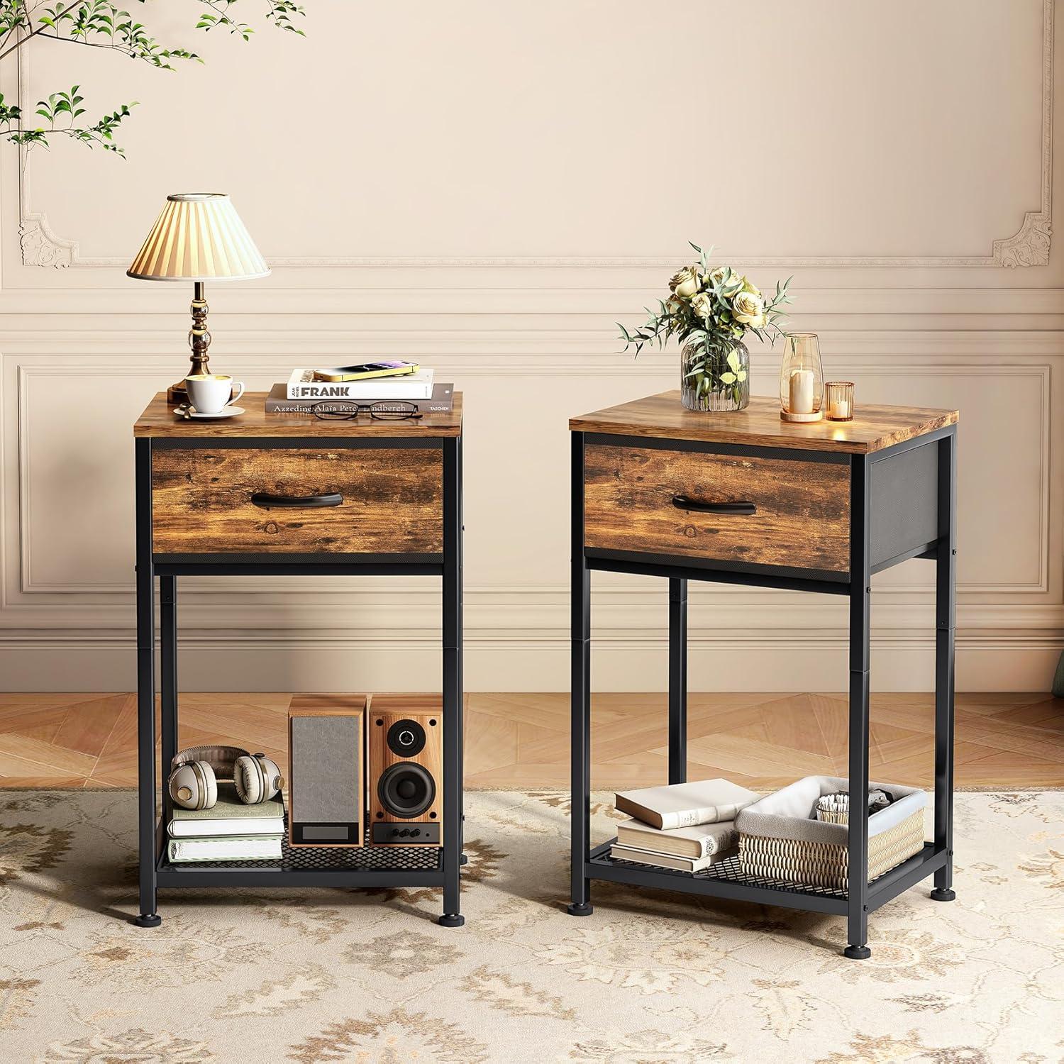 Rustic Brown and Black Wood Nightstands with Fabric Drawer, Set of 2