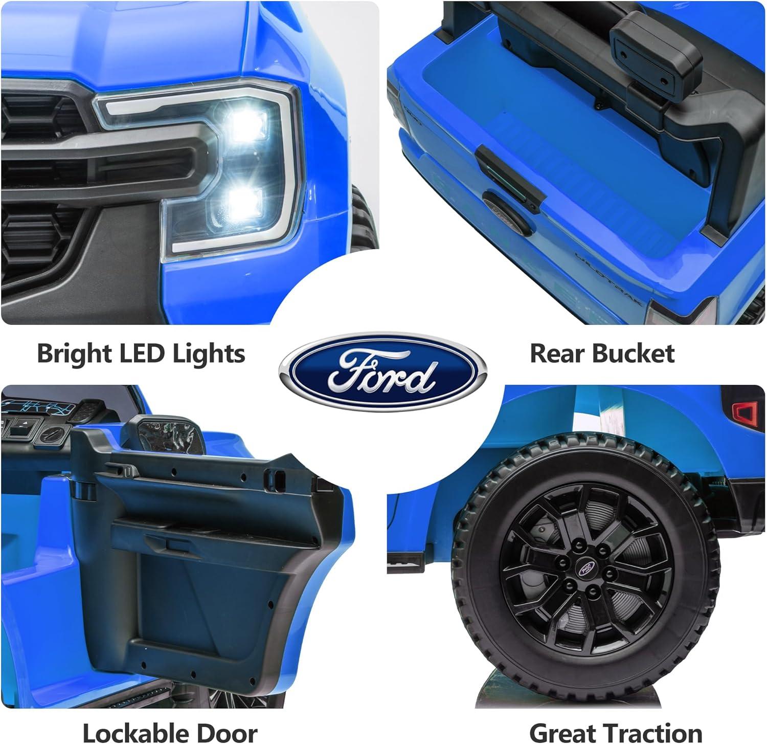 Ford Ranger Ride on Truck, 12V Powered Ride on Toy Cars with Remote Control, Bluetooth, MP3 Player, Safety Belt, LED Lights, Horn, Rear Wheels Drive Kids Electric Car for Boys Girls 3-6 Ages, Blue
