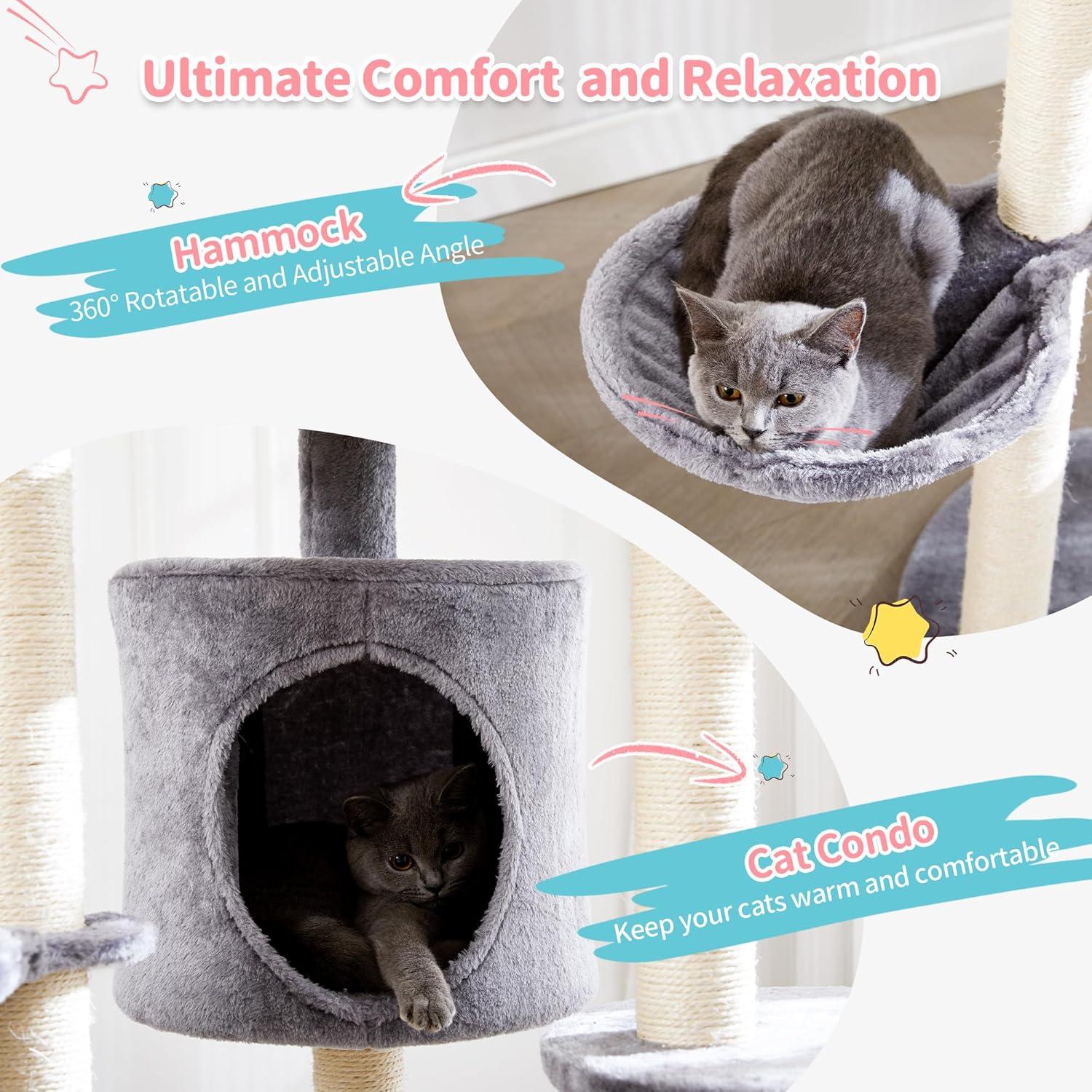 60.2 inch Large Cat Tower with Soft Hammock, 5-Level Tall Cat Condo, Sisal Scratch Posts, Pompoms