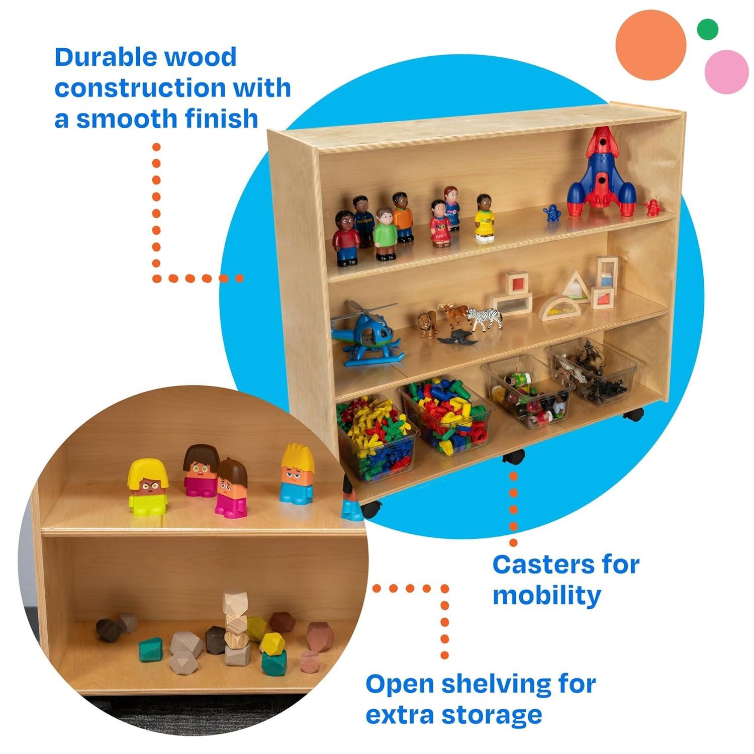 Childcraft Mobile Open Shelving Unit for Classrooms, 3-Shelf Wooden Book and Toy Organizer Bookcase, 47-3/4 x 14-1/4 x 42 Inches