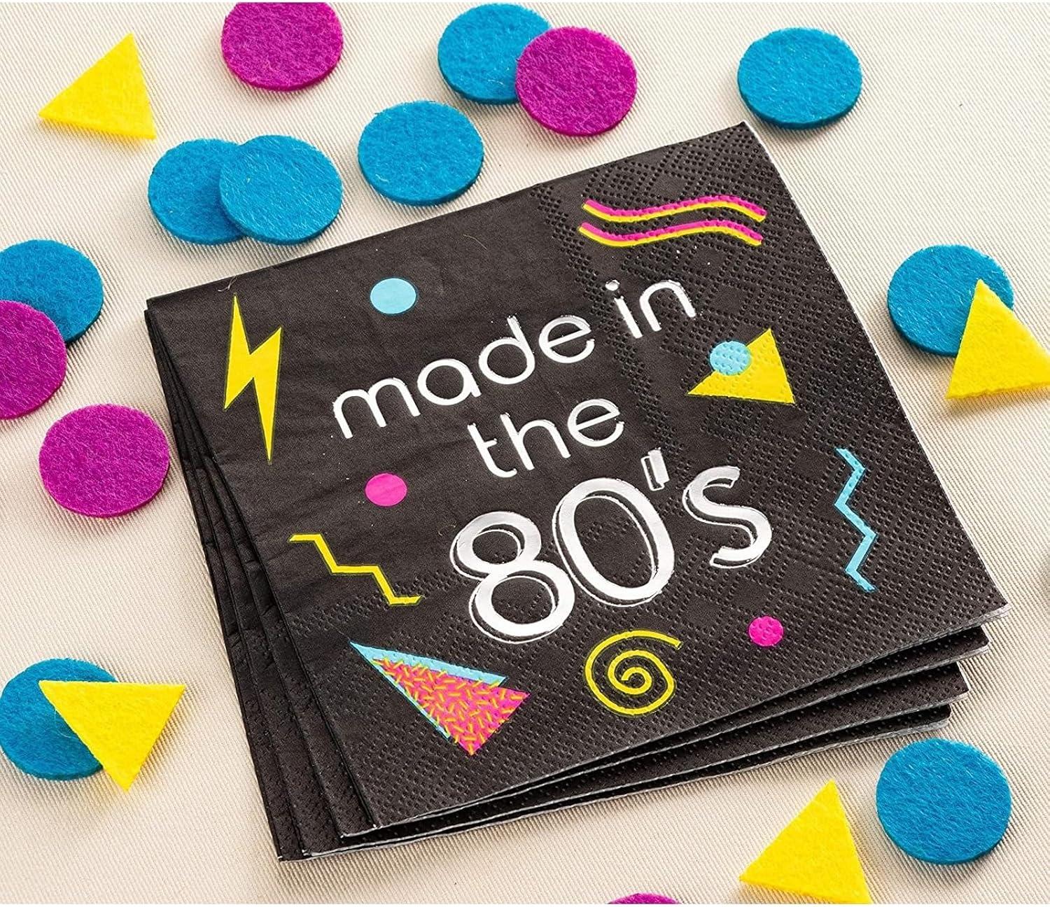 Juvale 80s Cocktail Napkins - 50-Pack Made in the 80s in Silver Foil Disposable Napkins, Black