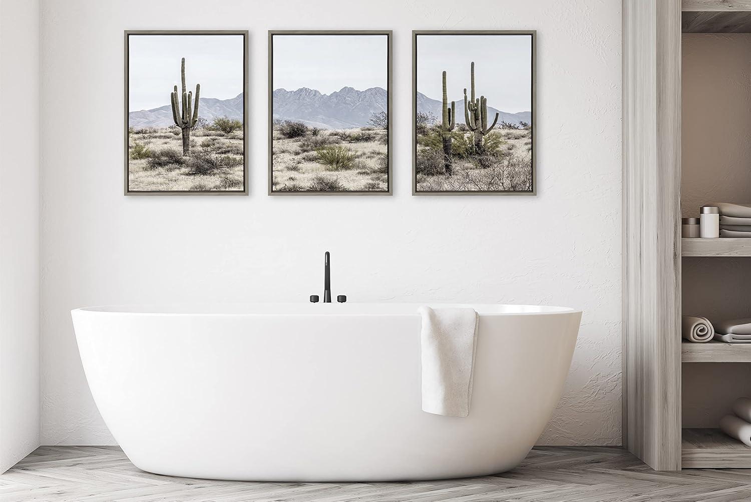 Kate and Laurel Sylvie Tall Saguaro Cacti Desert Mountain Left, Middle and Right Framed Canvas by The Creative Bunch Studio, 3 Piece 18x24, Gray