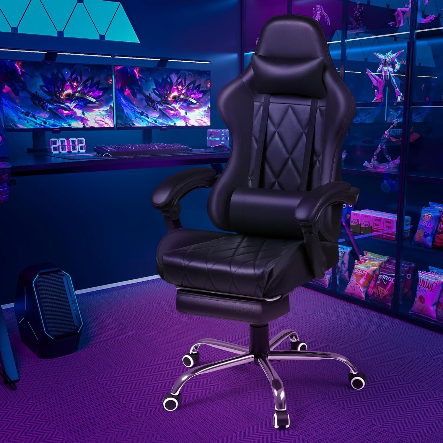 U-SHARE Gaming Chair, Computer Chair with Footrest and Massage Lumbar Support, Ergonomic High Back Video Game Chair with Swivel Seat and Headrest (Black)