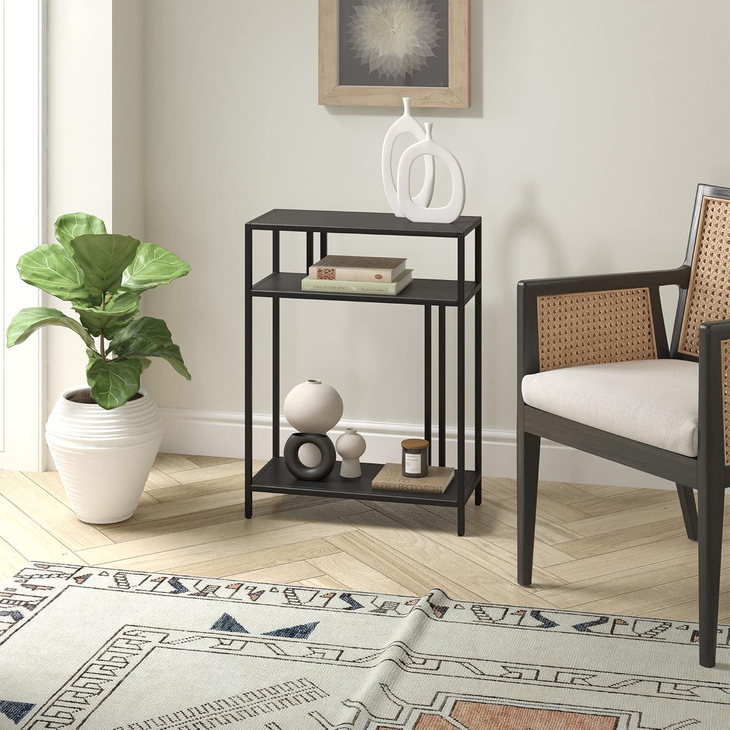 Evelyn&Zoe Cortland 22" Wide Rectangular Console Table with Metal Shelves, Blackened Bronze