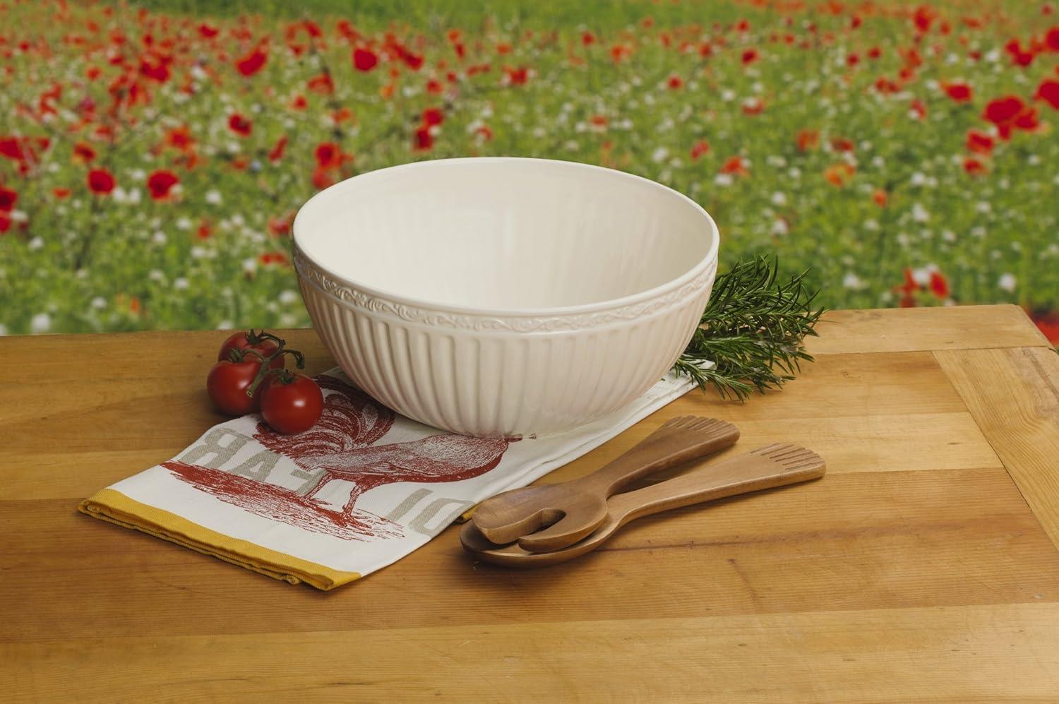 White Ceramic Salad Bowl with Acacia Wood Utensils, 2-Piece Set