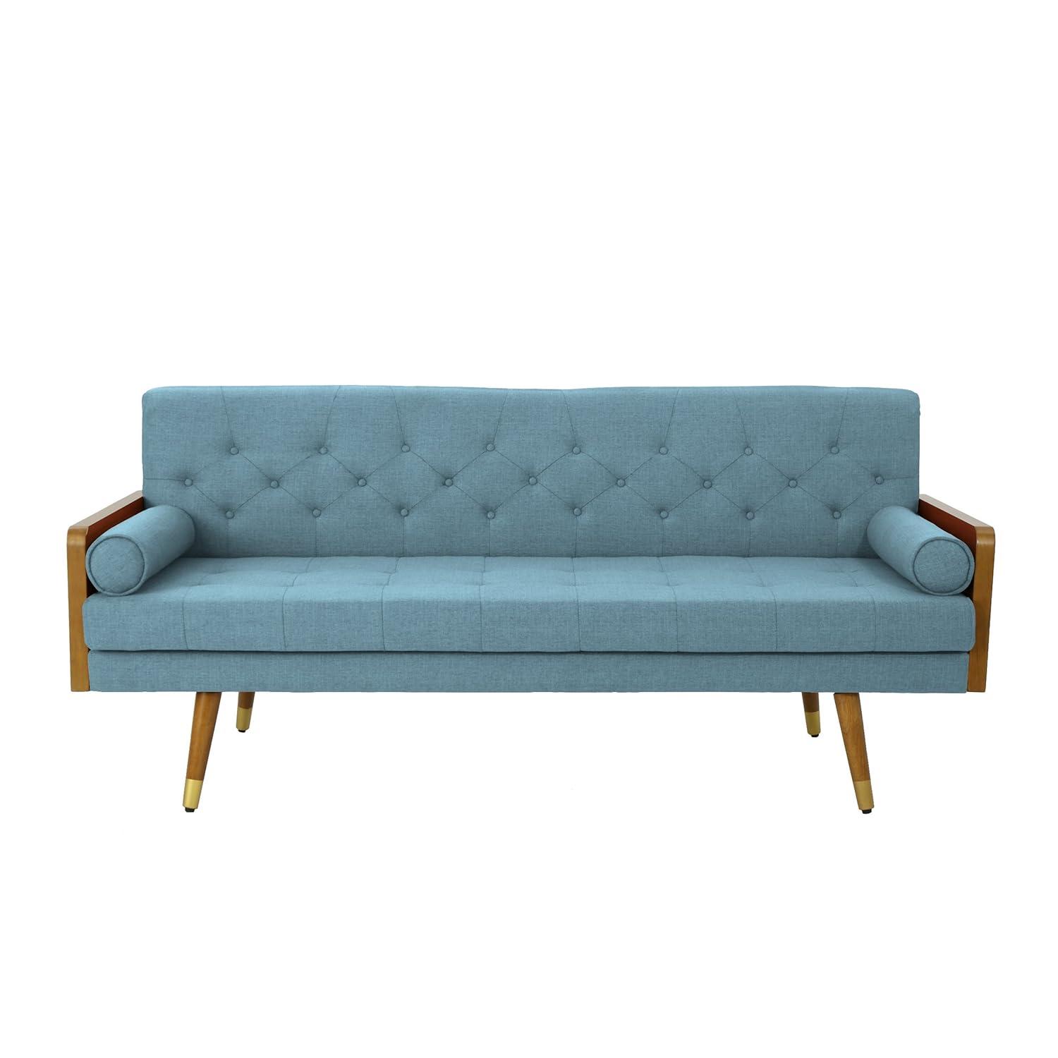 GDFStudio Aidan Mid Century Modern 72.25" Tufted Upholstered 3 Seater Sofa，Blue/Dark Walnut/Gold