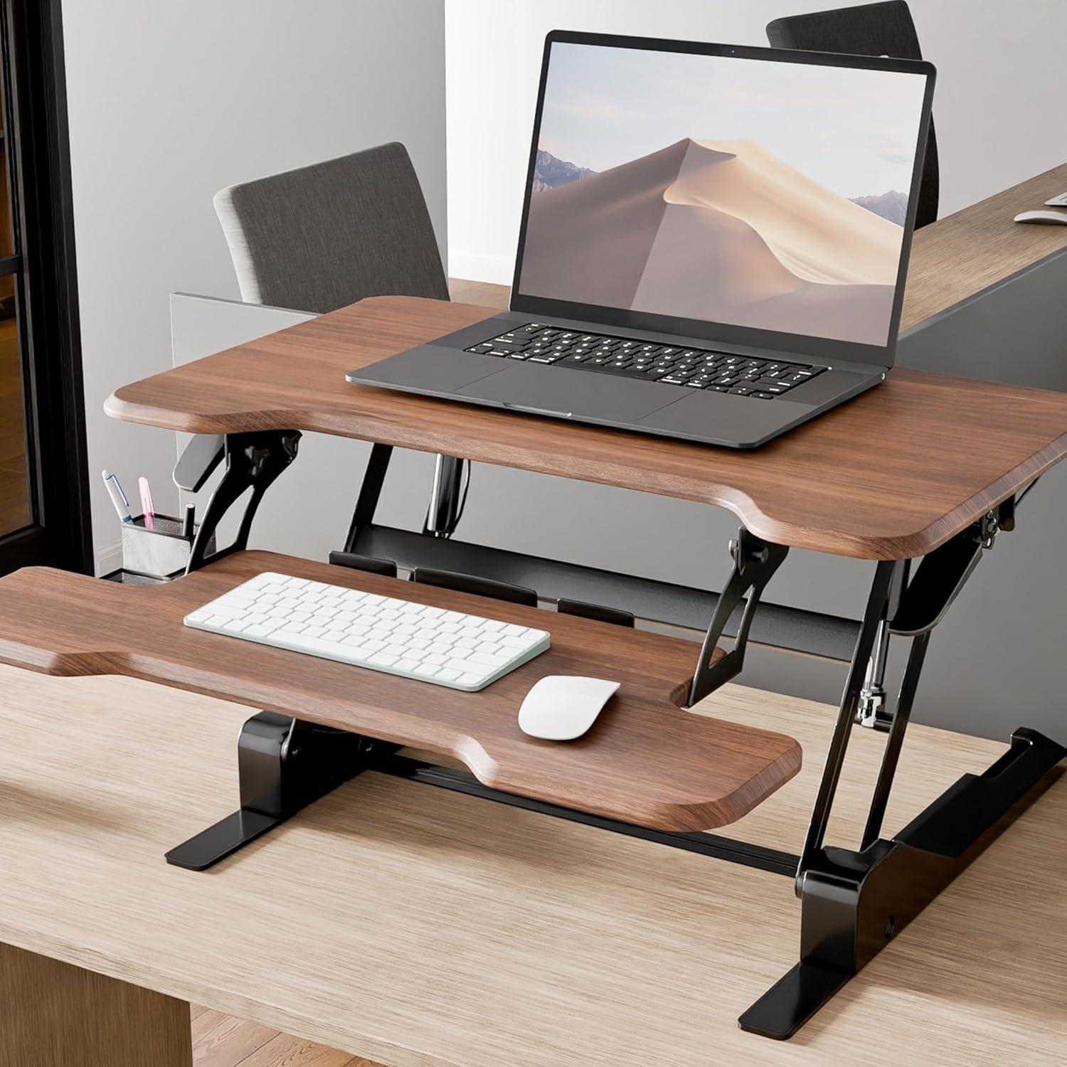 Mount-It! Compact Standing Desk Converter with 30" Desktop, Dark Walnut Woodgrain