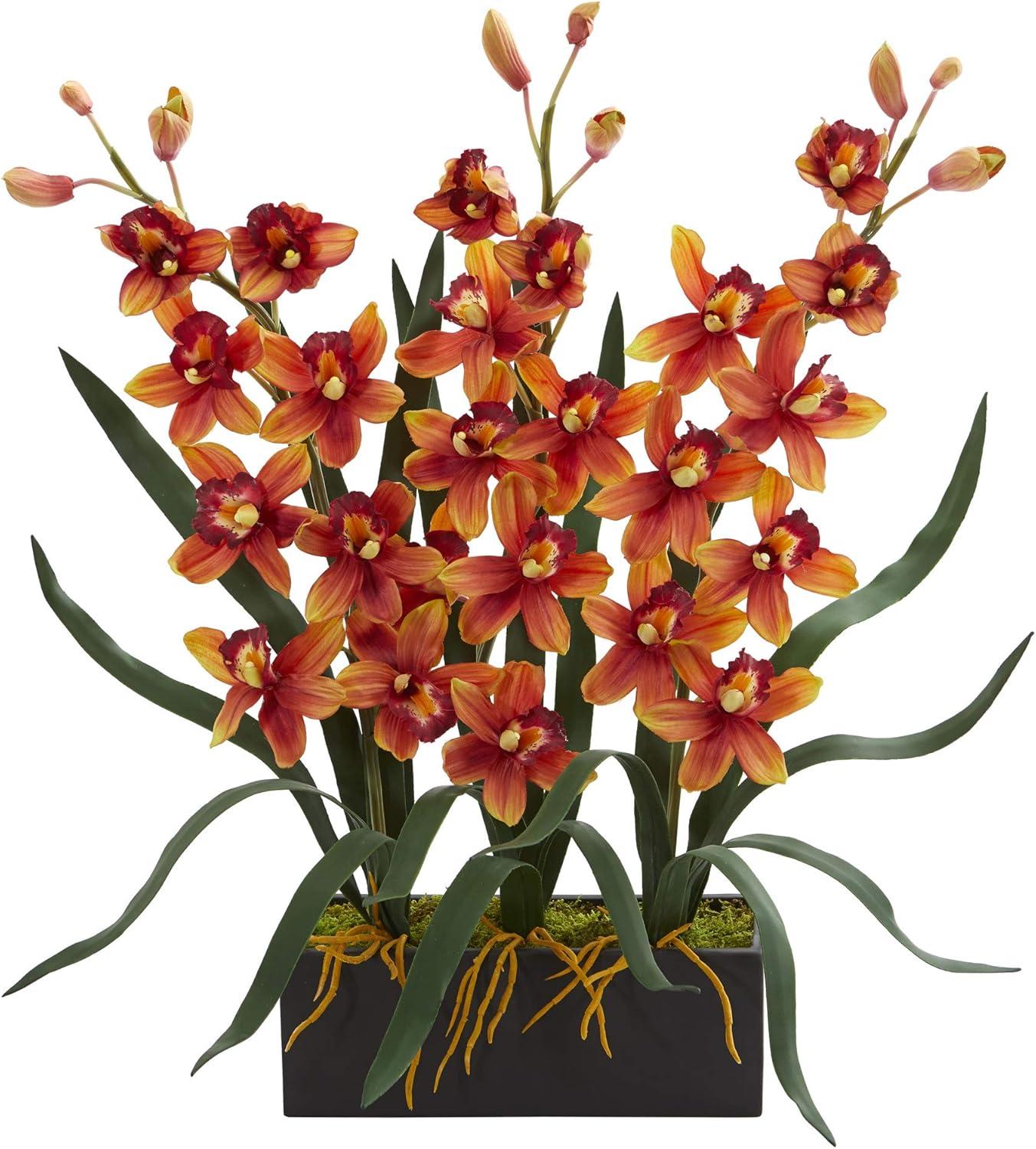 Nearly Natural 25-in Cymbidium Orchid Artificial Arrangement in Black Vase