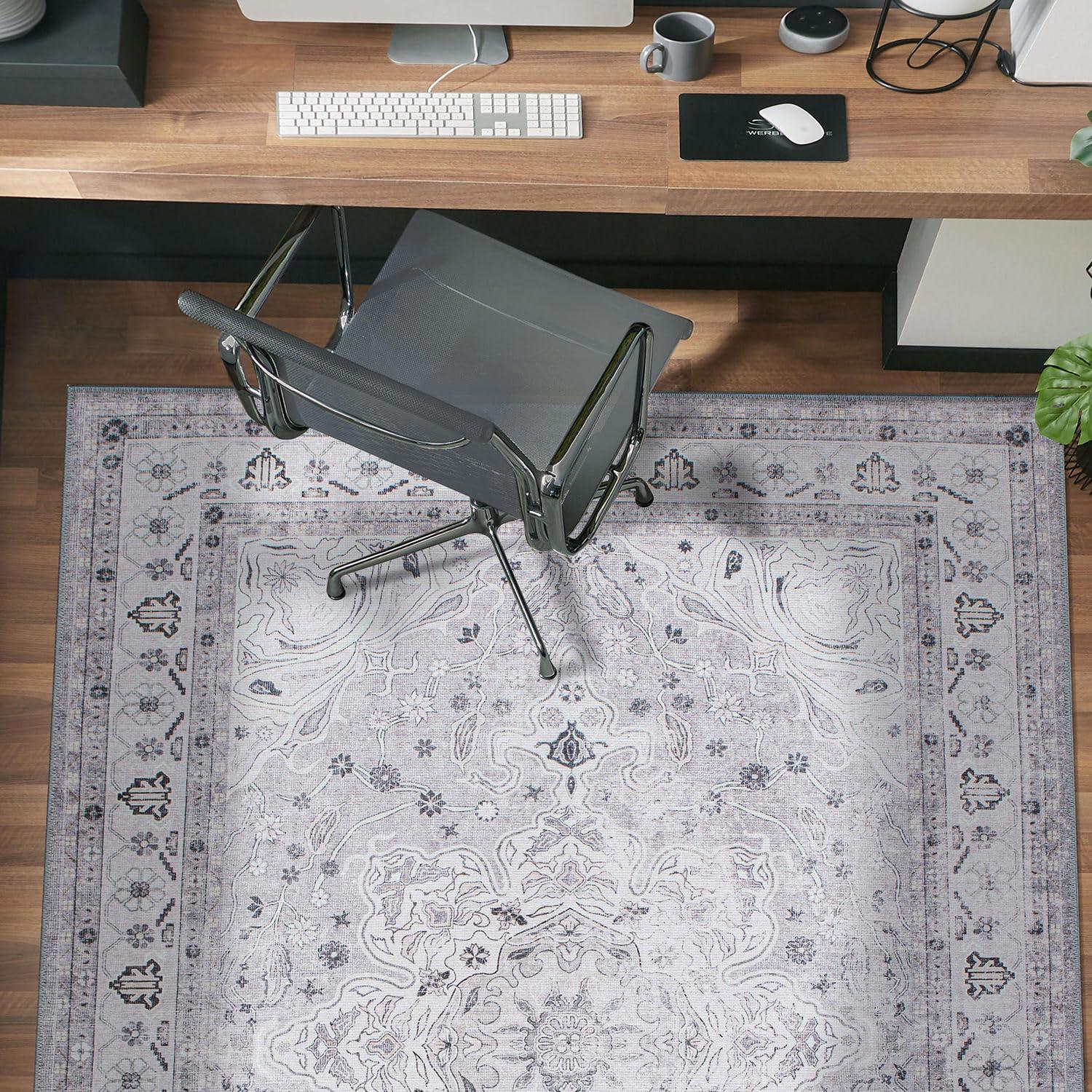 World Rug Gallery Transitional Medallion Machine Washable 7'7"x9'6" Gray Area Rug:  Stain-Resistant,  Flat Pile,  Indoor Use