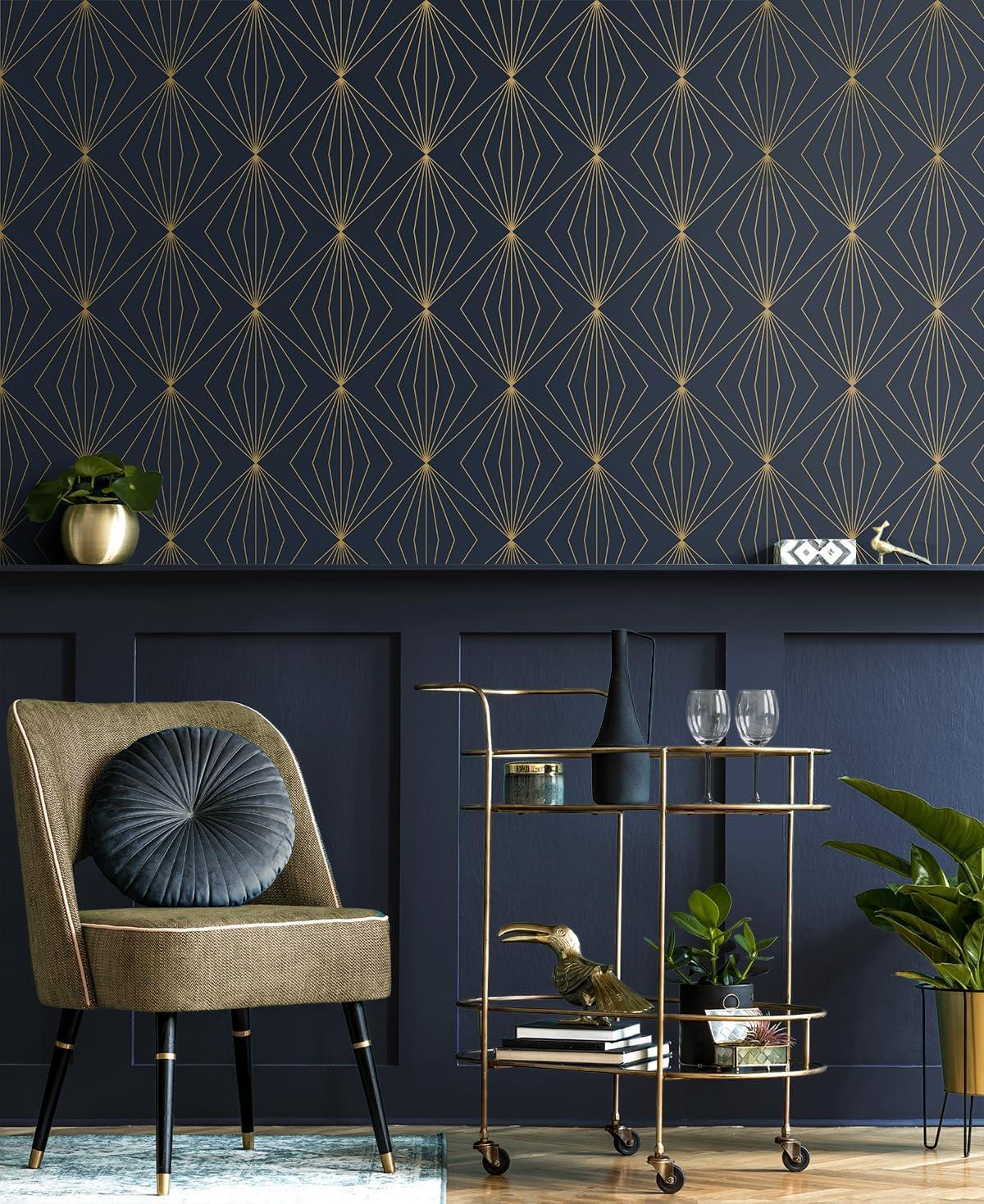 Dark Blue and Metallic Gold Geometric Peel and Stick Wallpaper