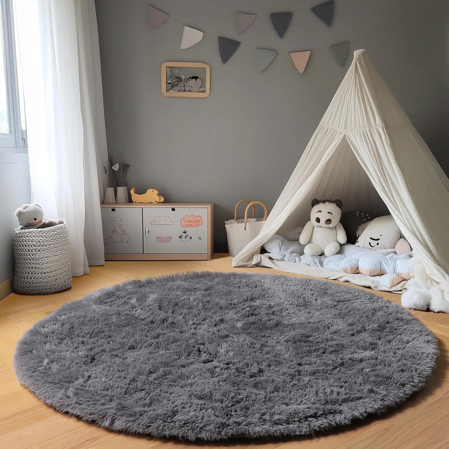 ONASAR Grey Round Area Rug 4ft, Gray Soft Bedroom Circle Throw Rugs for Kids Girls Boys Teen Dorm Room, Fluffy Plush Shaggy Carpet Mats for Nursery Living Room Playroom Home Office Decor Aesthetic