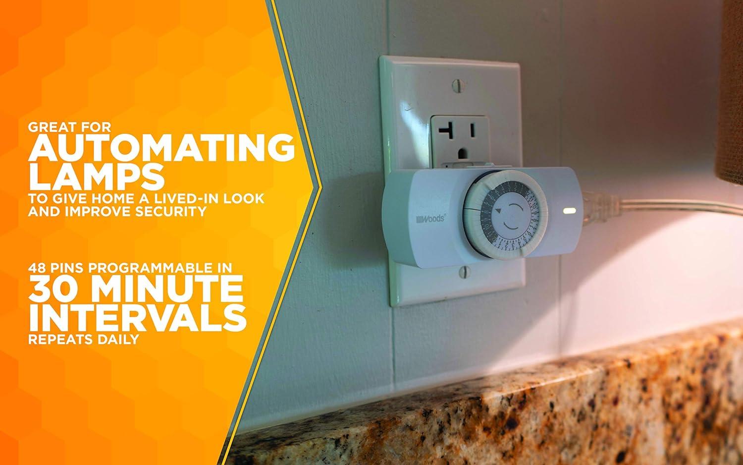 Woods 50101WD Easy-to-use Narrow Style Indoor 24-Hour Mechanical Timer, Single 2-prong (polarized) Outlet, White