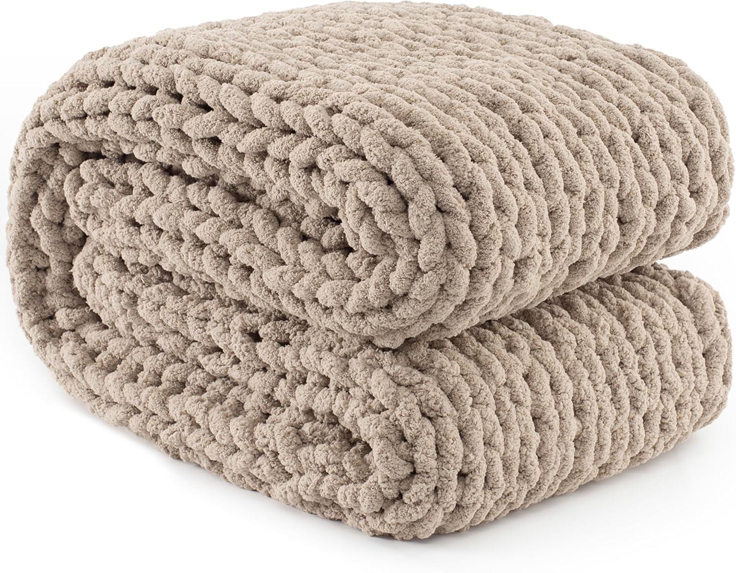 Carriediosa Chunky Knit Throw Blanket Handmade Soft Throws for Couch Sofa Bed, 50" x 60" Taupe