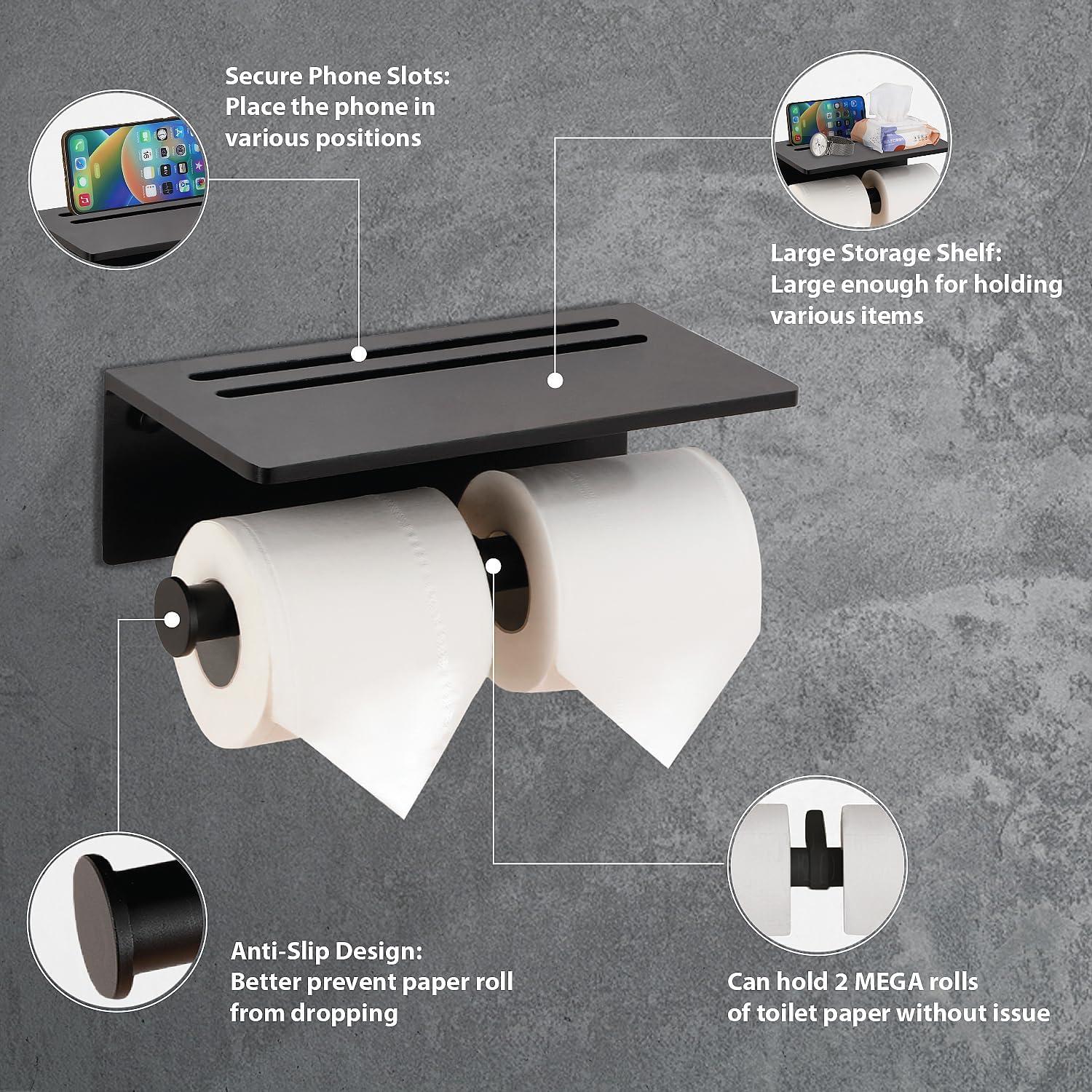 Black Aluminum Double Roll Toilet Paper Holder with Shelf