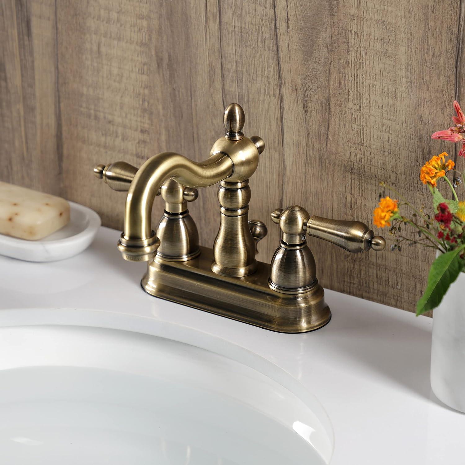 Kingston Brass Heritage Two-Handle 3-Hole Deck Mount 4" Centerset Bathroom Faucet with Plastic Pop-Up