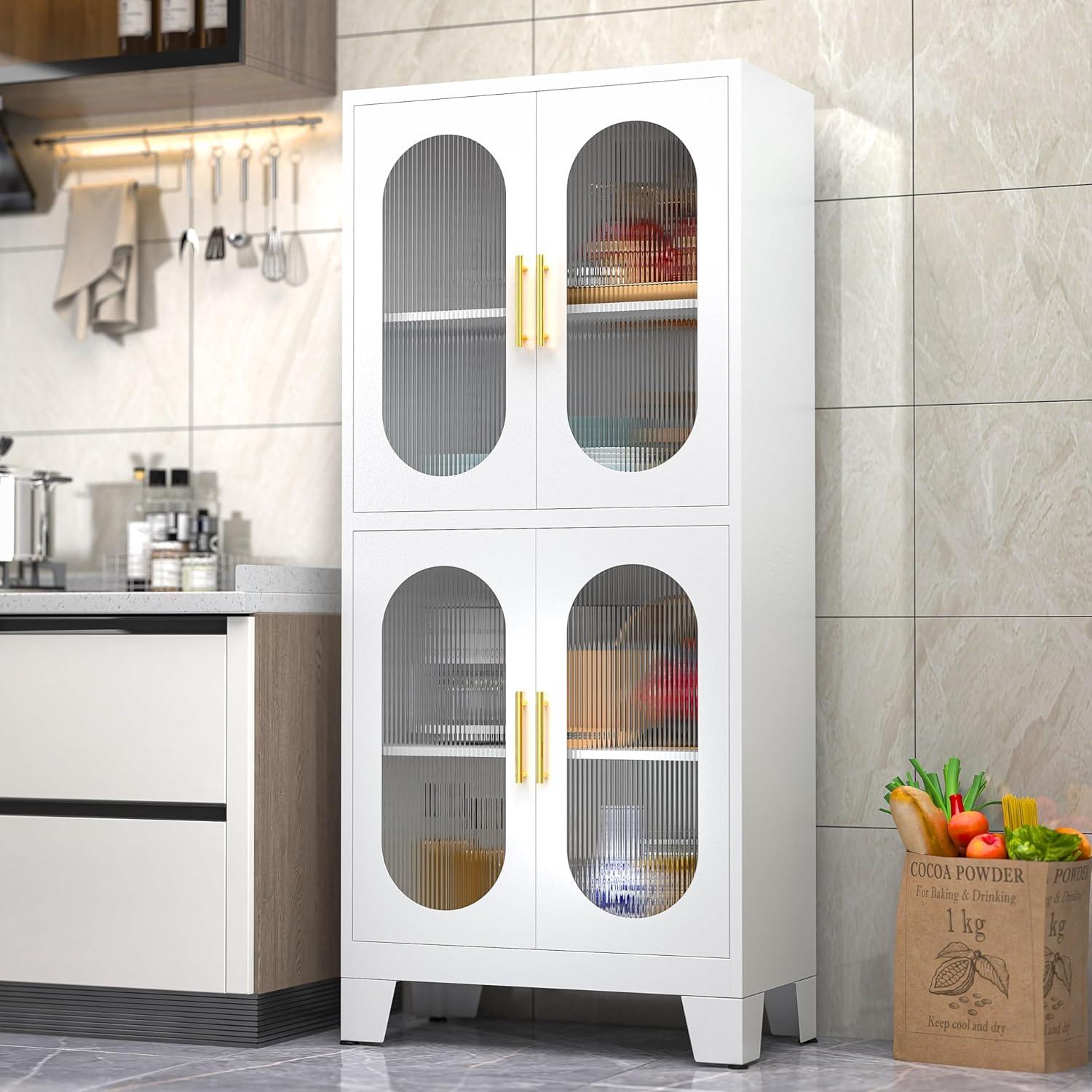 Pantry Storage Cabinet, 61" Pantry Cabinets with Acrylic Glass Doors and Adjustable Shelves, Metal Kitchen Pantry Cabinet for Kitchen, Living Room, Laundry Room and Dinning Room