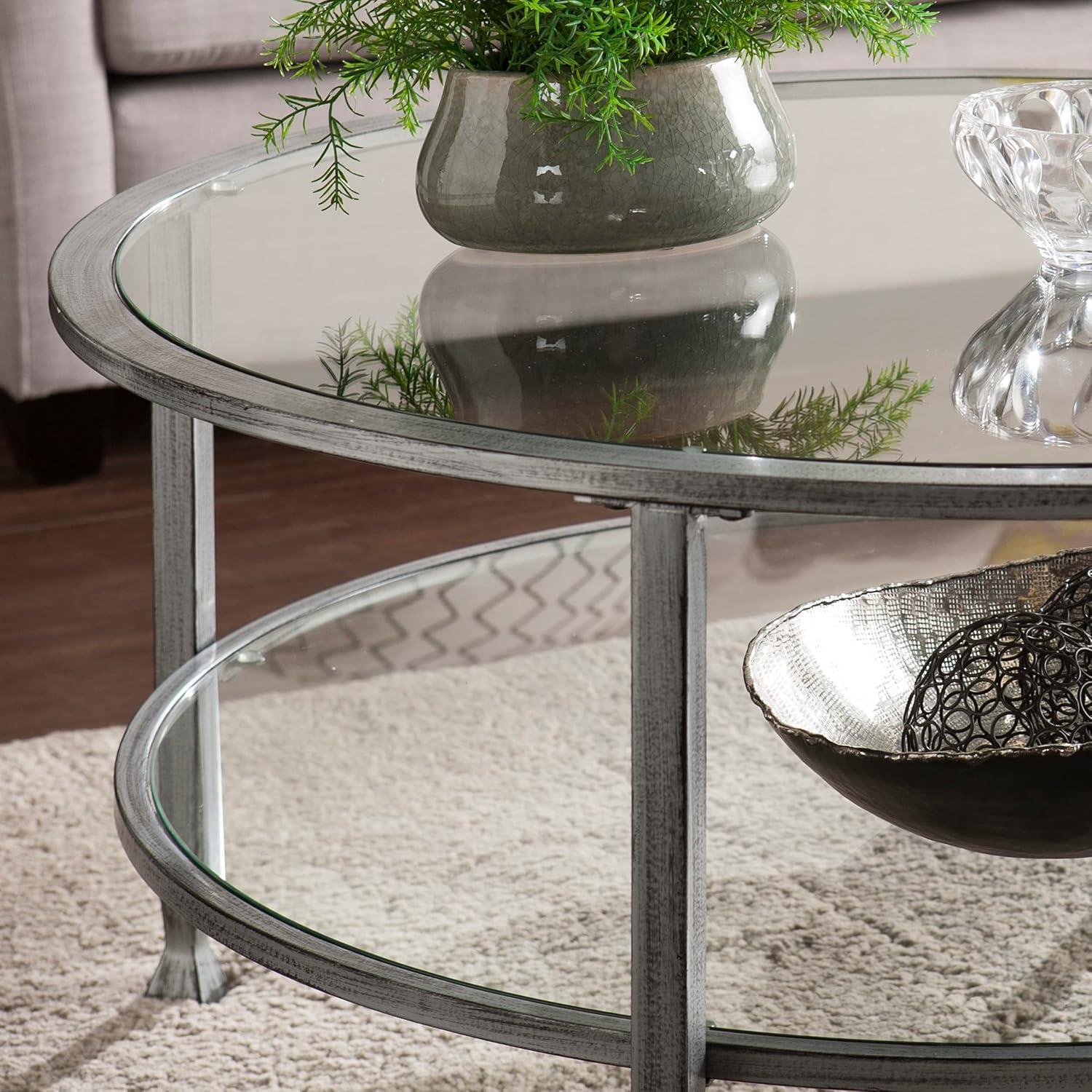 Furniture Jaymes Metal & Glass Round 2-Tier  Coffee Table  Silver/Black Distressing