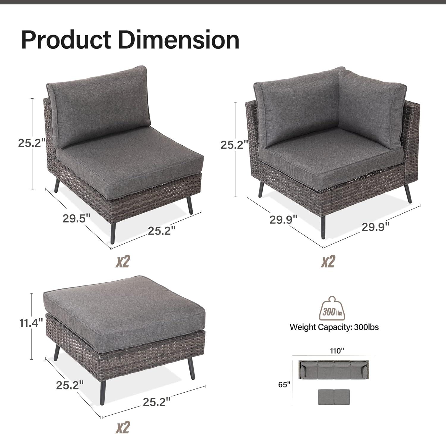 LAUSAINT HOME 6-Piece Patio Furniture Set, Outdoor Sectionals with 4 Chairs, 2 Ottomans and Plush Gray Cushions