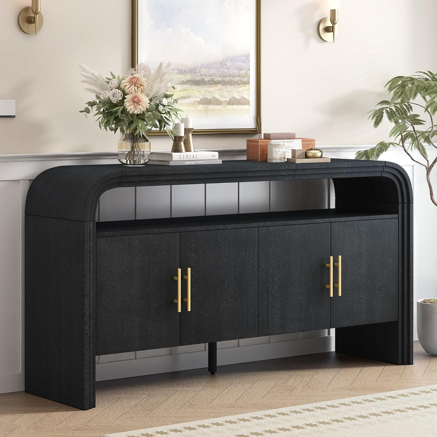 Unique Retro Curved Sideboard with 4 Doors and Treated Fir Veneer, Wood Accent Entryway Console Table Storage Cabinet for Hallway Living Room Foyer Corridor (Natural-12.31)