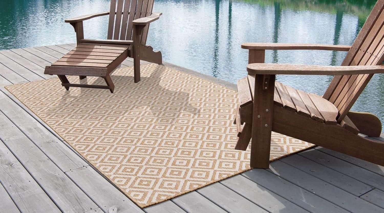 Beige Geometric 9' x 12' Easy-Care Outdoor Synthetic Rug