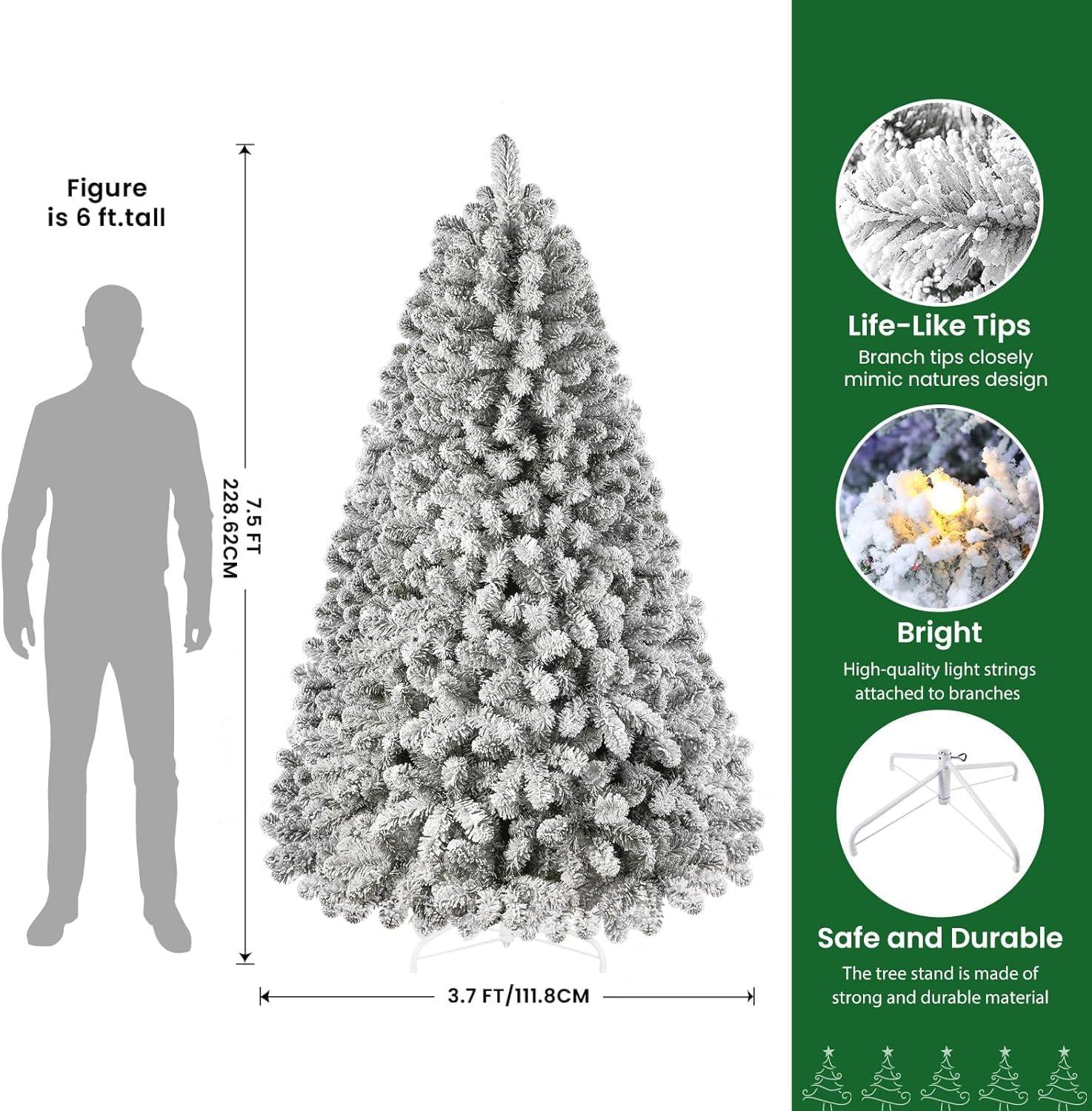 7.5FT White Snow Flocked Christmas Tree with Multi-Color Lights