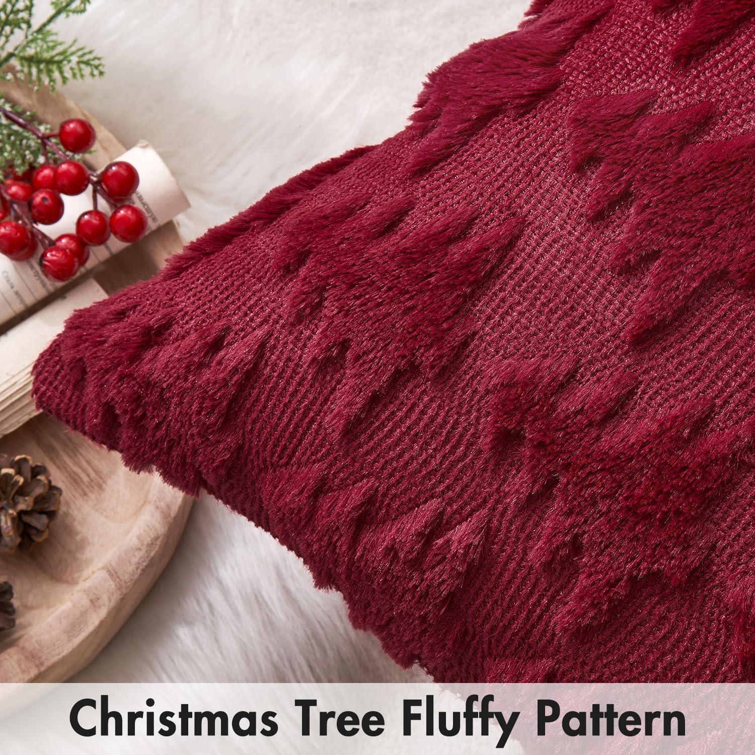 UGASA Pillow Covers 20x20 Inch Set of 2 Soft Plush Faux Fur Christmas Tree Decorative Luxury Jacquard Throw Pillows Pillowcases for Couch Sofa Holiday Festivals Home Decor, Burgundy