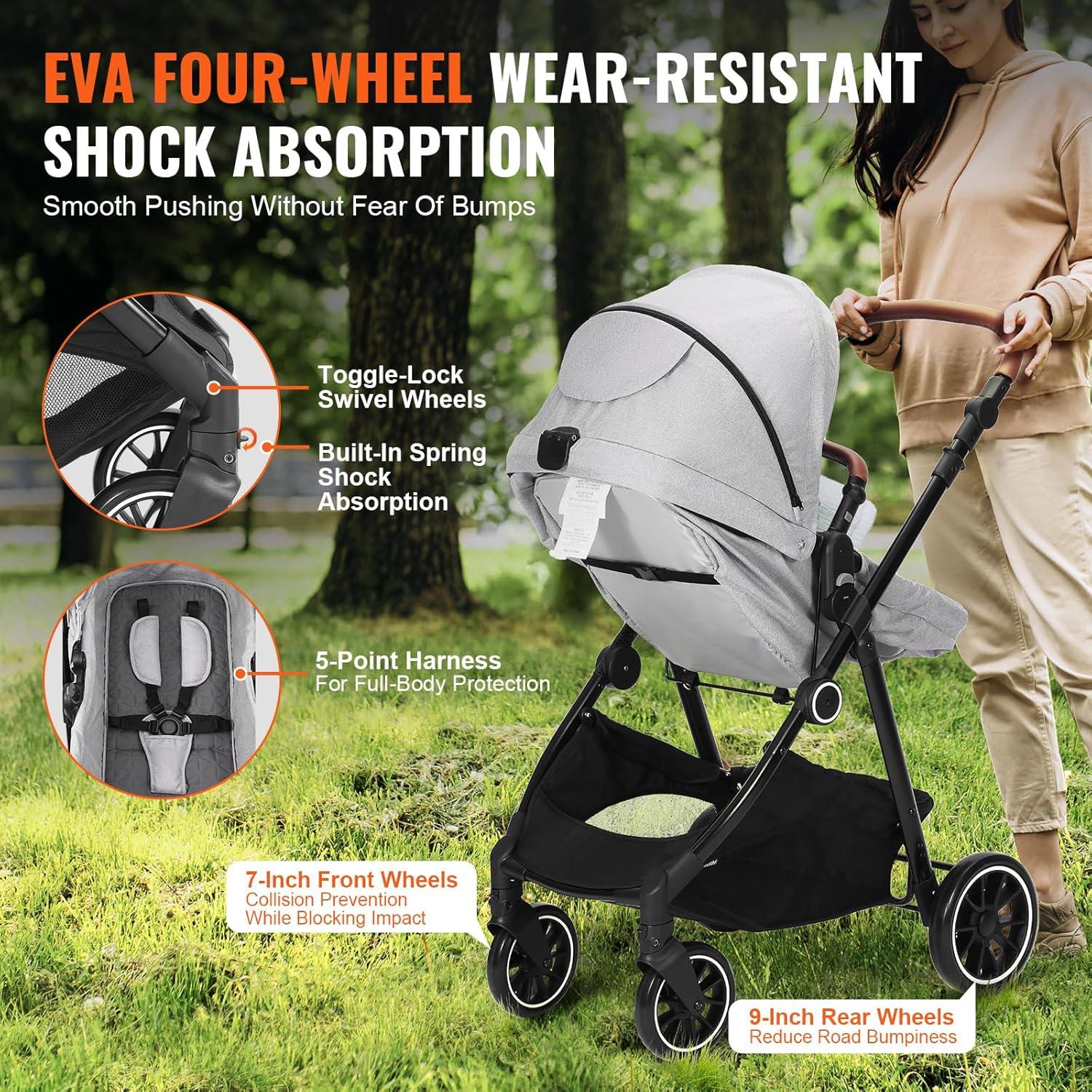 Light Gray All-Terrain Steel Bassinet Baby Stroller