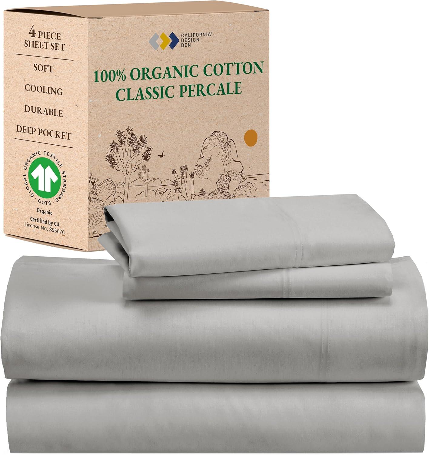 California Design Den  Bed Sheets Set - 100% Organic Cotton Percale, Deep Pocket, GOTS Certified