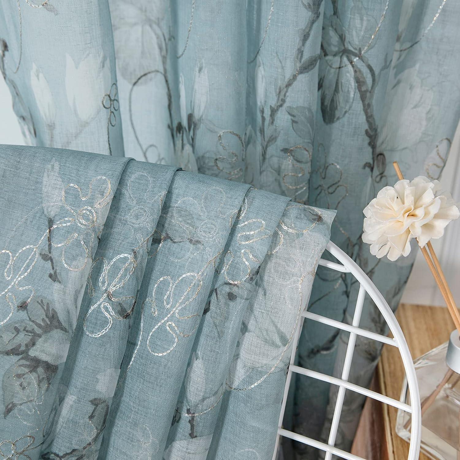 Tollpiz Floral Turquoise Sheer Curtain Flower Print Vine Embroidery Bedroom Curtains Rod Pocket Voile Window Curtain for Living Room, 54 x 95 inches Long, Set of 2 Panels