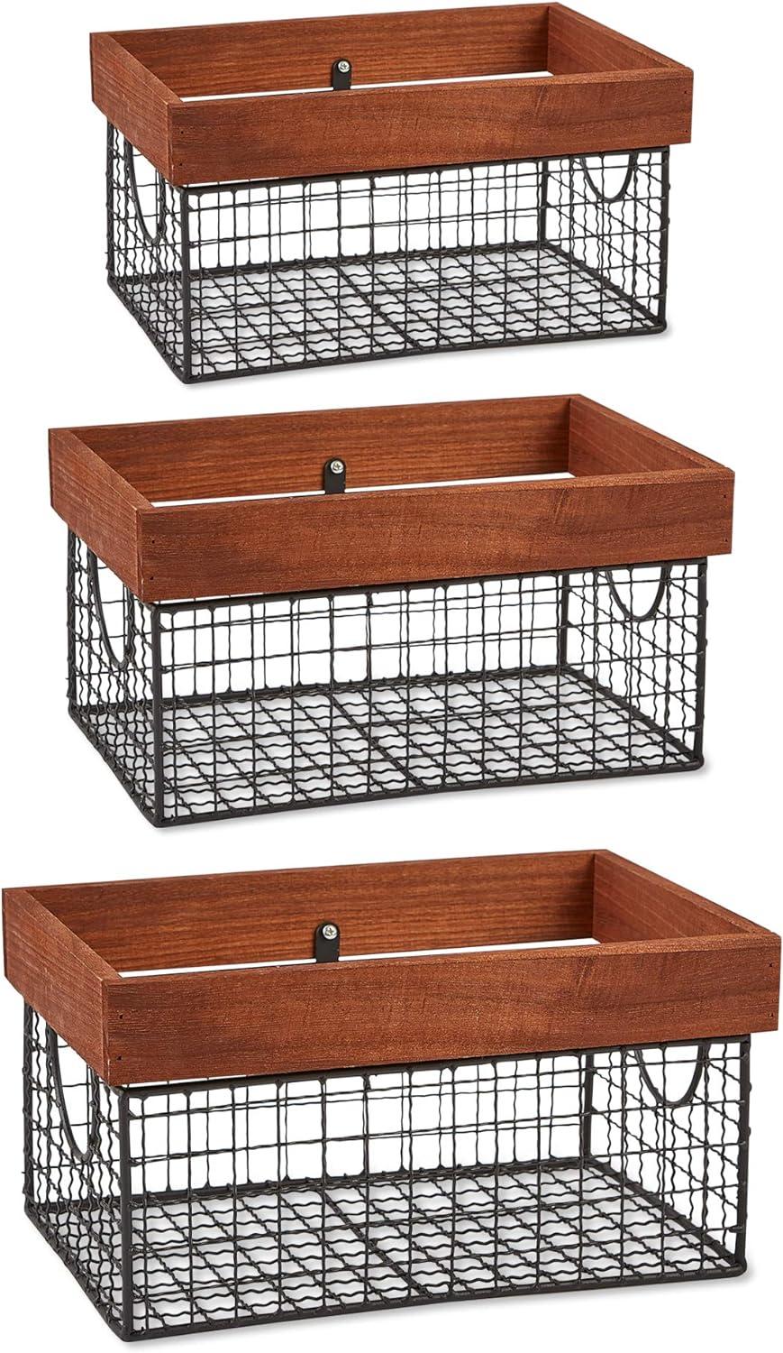 DII Farmhouse Wood Rimmed Wire Storage Basket Set, Bronze, Assorted